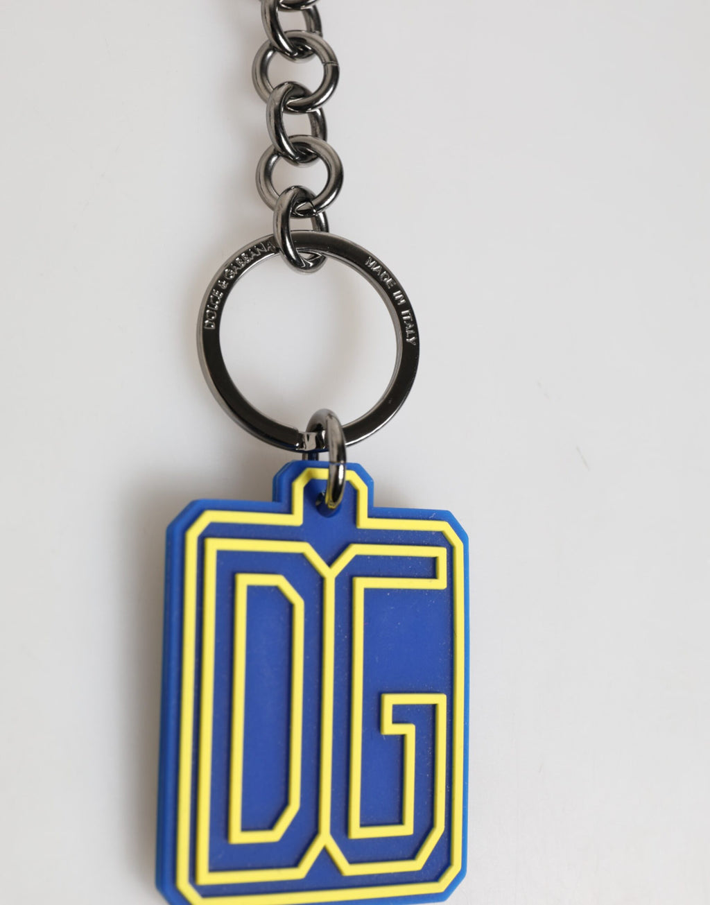 Dolce & Gabbana Blue Yellow DG Rubber Logo Silver Men's Keychain Keyring