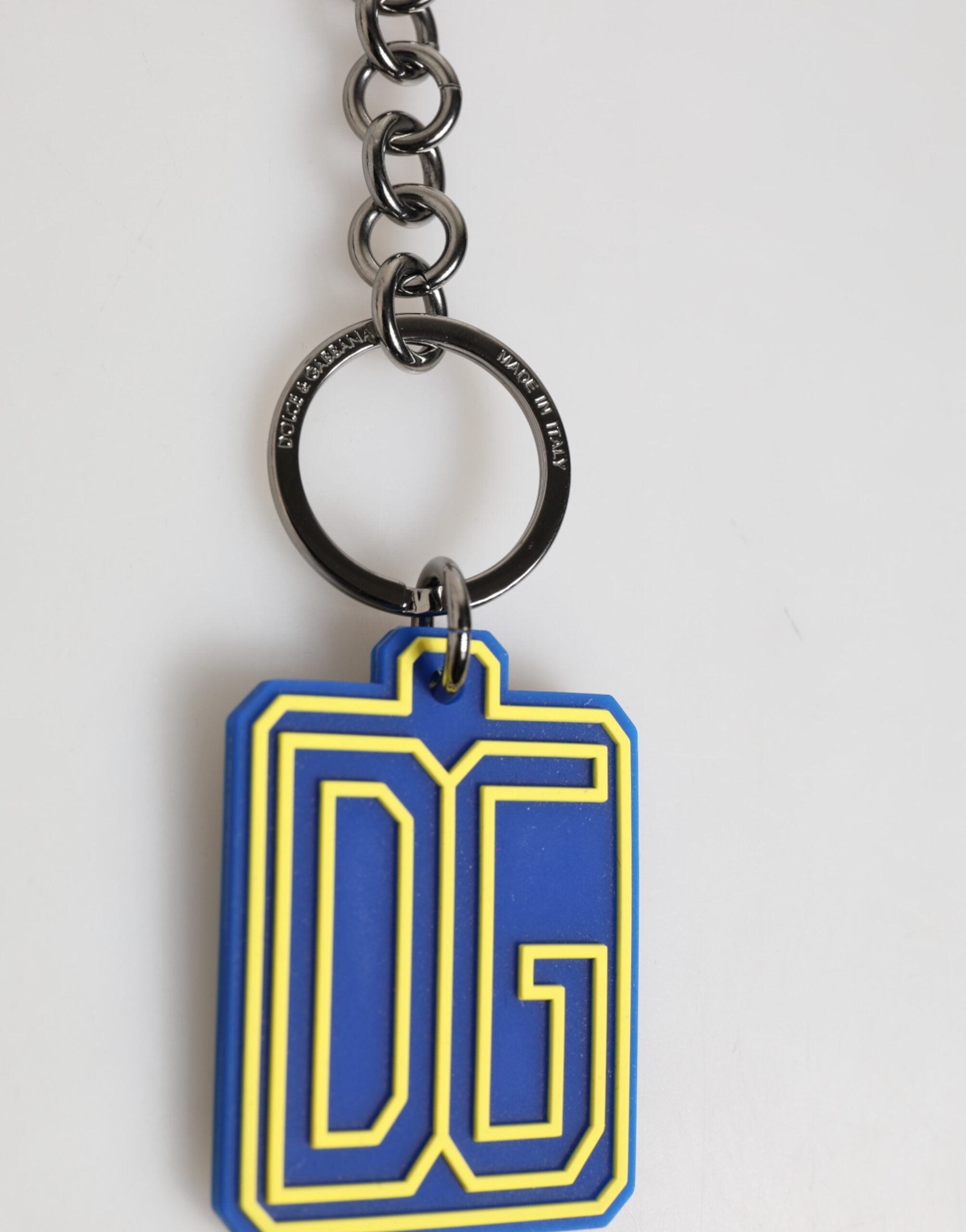 Dolce & Gabbana Blue Yellow DG Rubber Logo Silver Men's Keychain Keyring