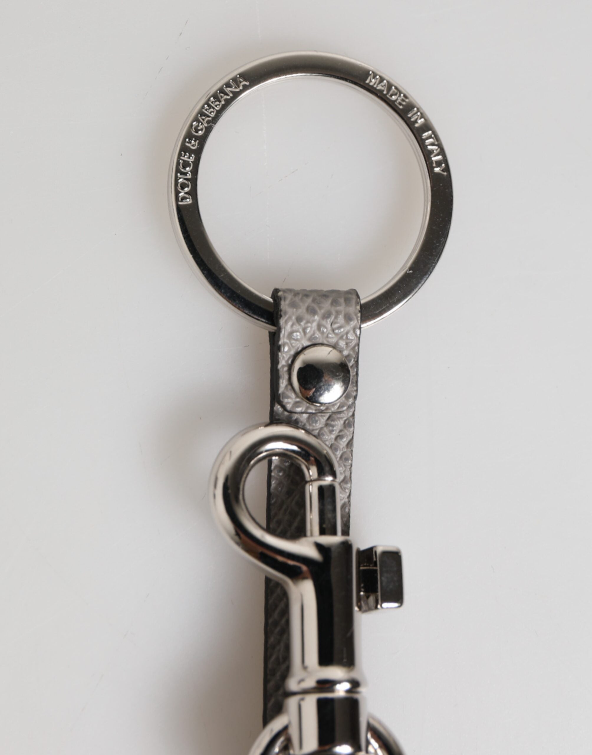 Dolce & Gabbana Graues Leder Logo Metall Ring Schlüsselanhänger Halter Männer Schlüsselanhänger