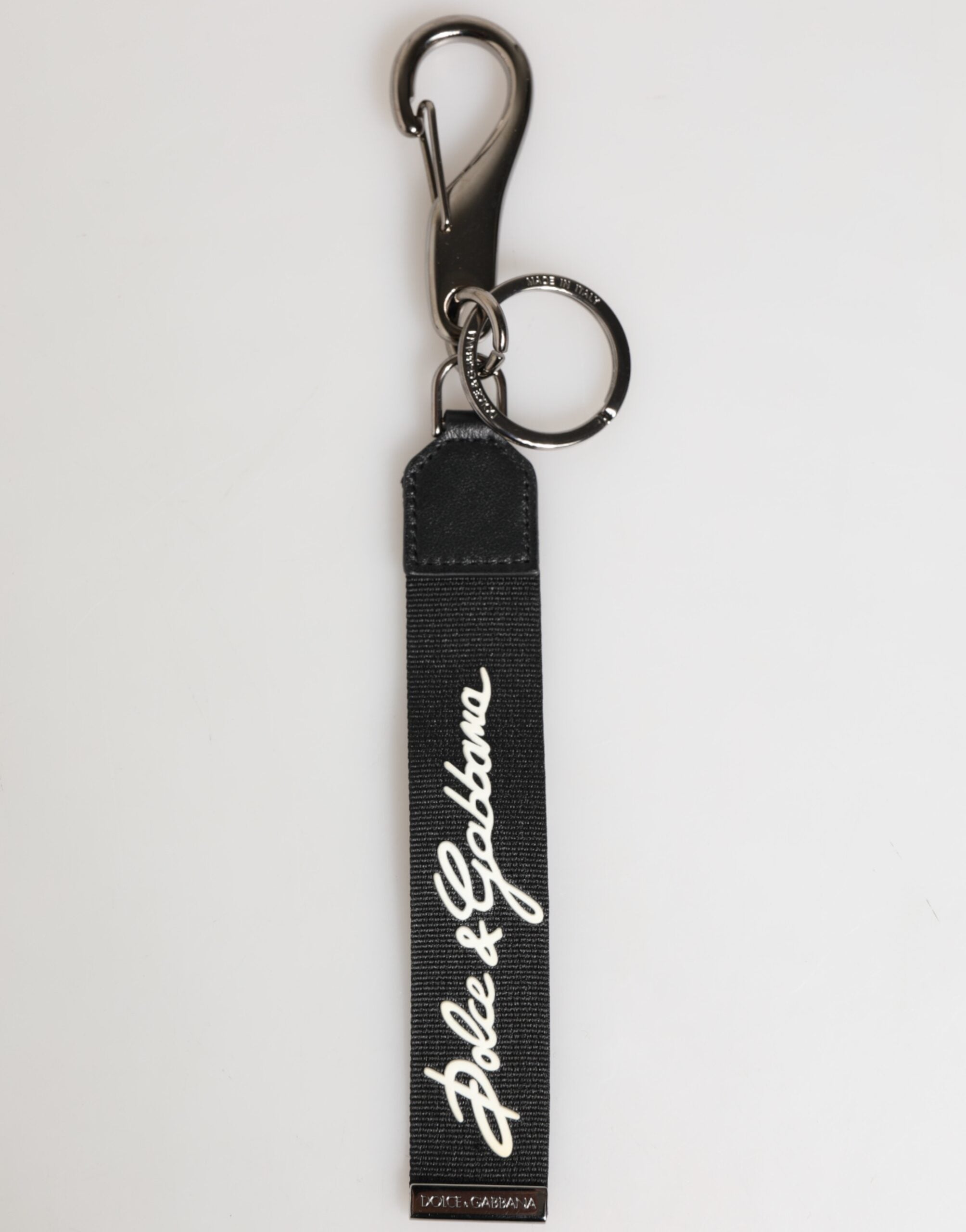Dolce & Gabbana Black White Polyester DG Logo Silver Men's Keyring Keychain