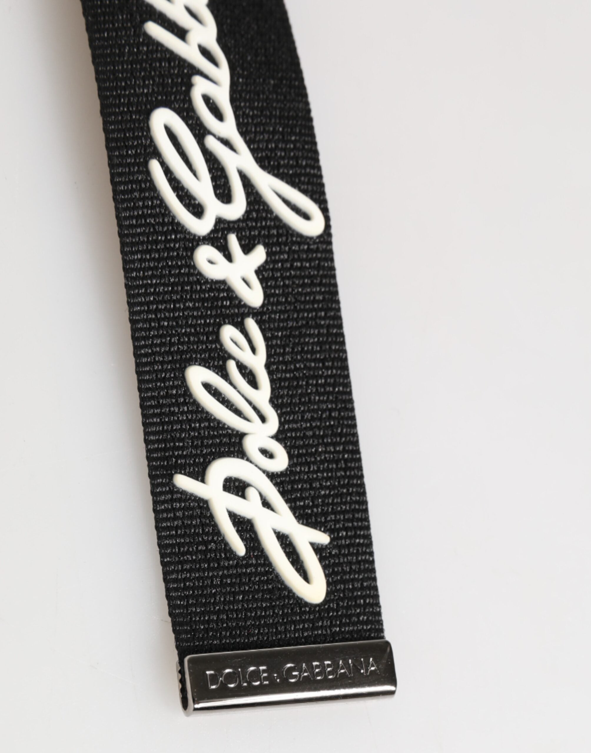 Dolce & Gabbana Black White Polyester DG Logo Silver Men's Keyring Keychain