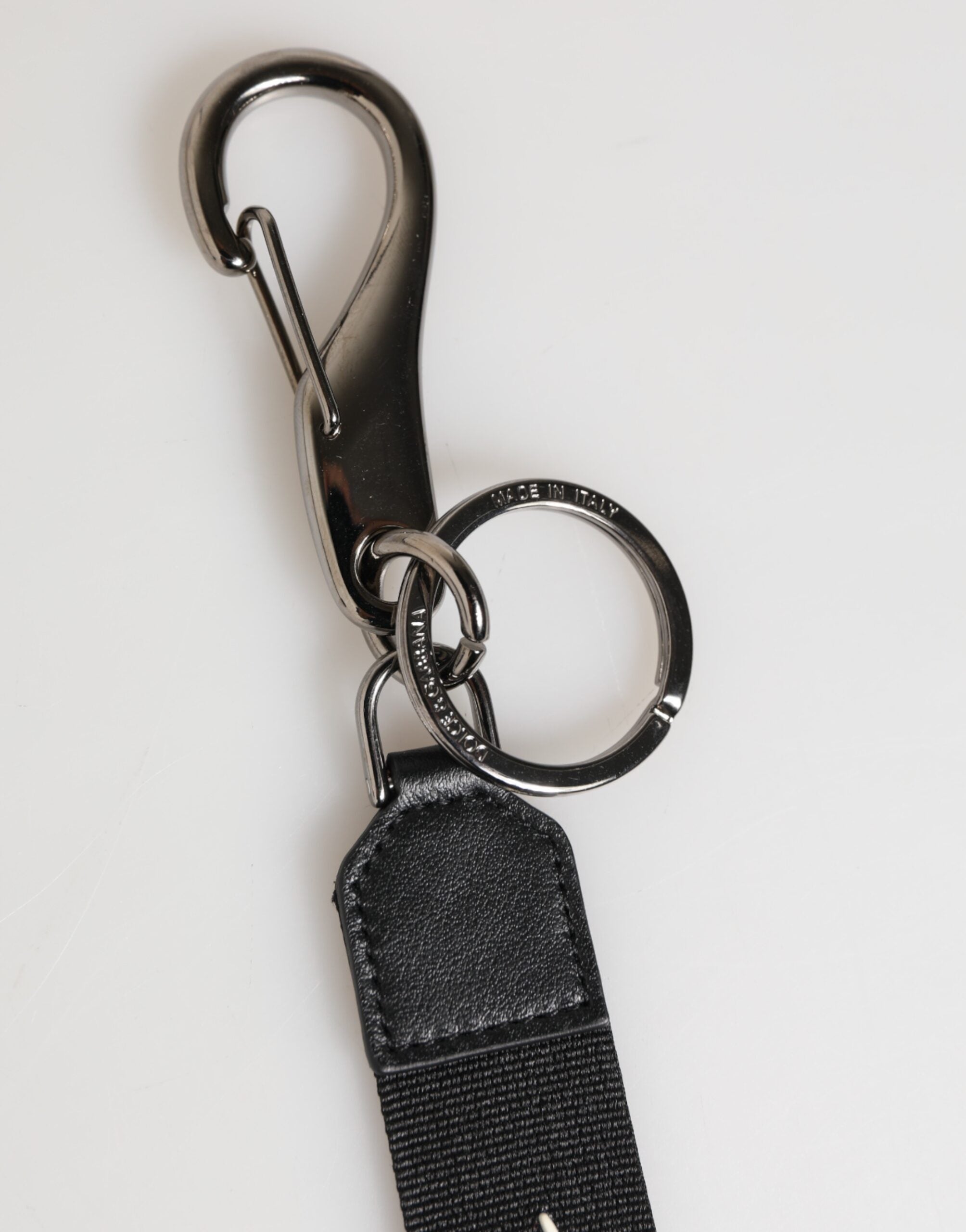 Dolce & Gabbana Black White Polyester DG Logo Silver Men's Keyring Keychain