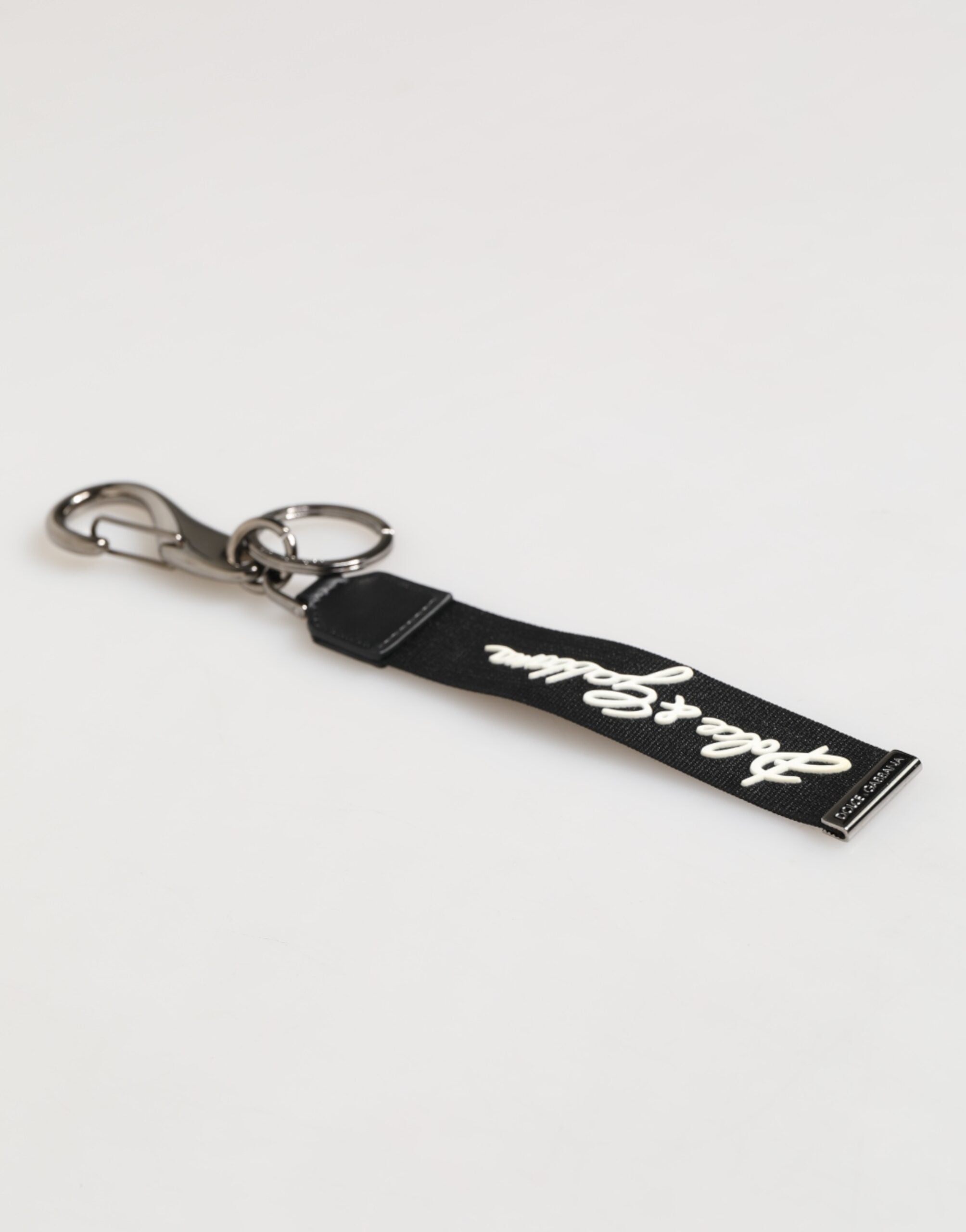 Dolce & Gabbana Black White Polyester DG Logo Silver Men's Keyring Keychain