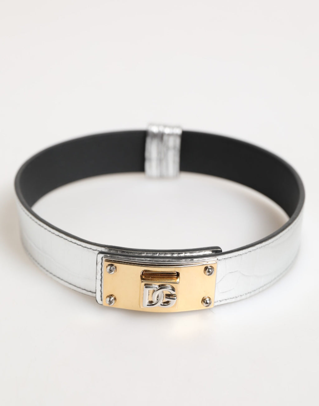 Dolce & Gabbana Silver Textured Leather, Gold-Tone Metal Necklace