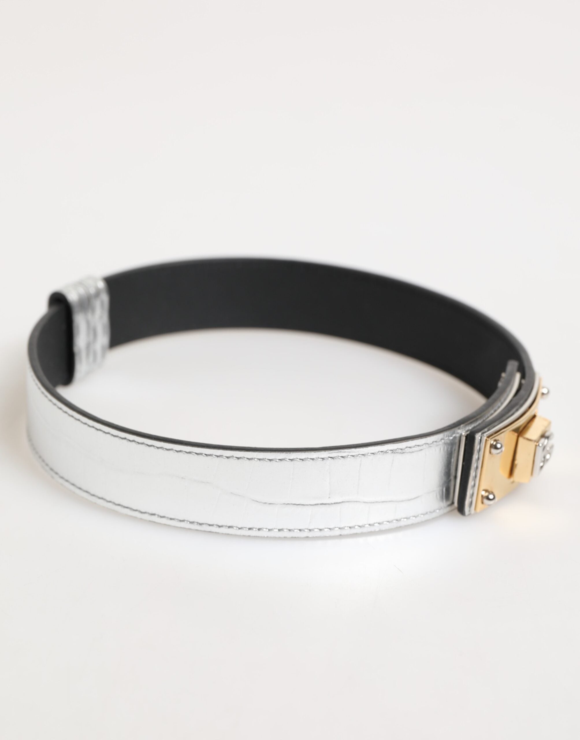 Dolce & Gabbana Silver Textured Leather, Gold-Tone Metal Necklace