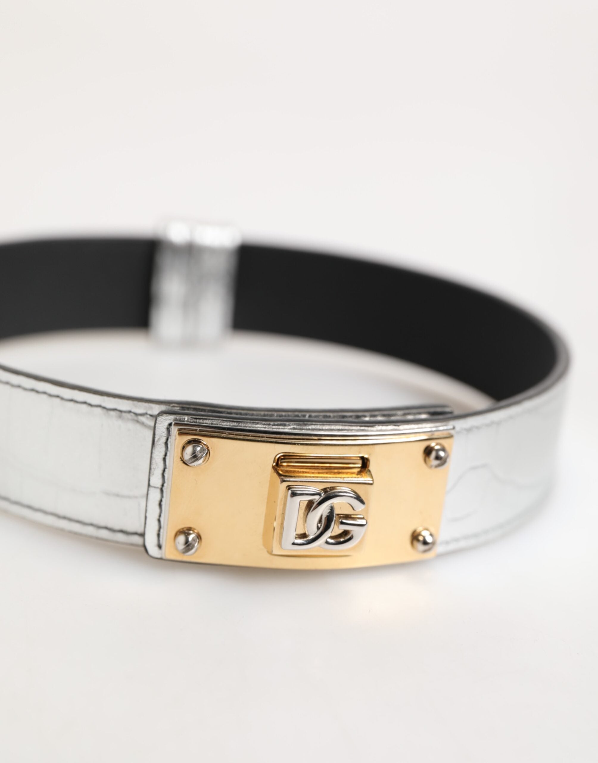 Dolce & Gabbana Silver Textured Leather, Gold-Tone Metal Necklace