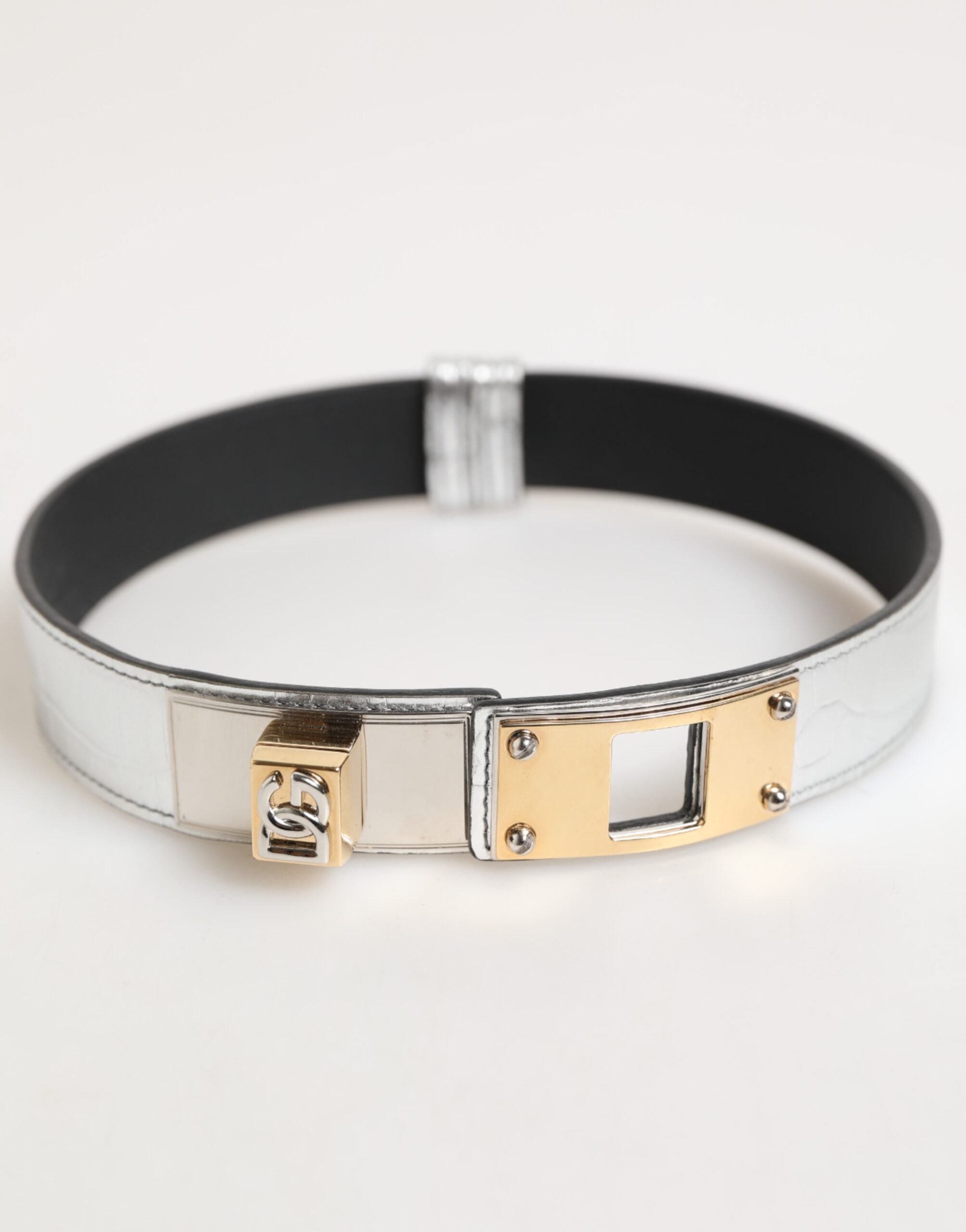 Dolce & Gabbana Silver Textured Leather, Gold-Tone Metal Necklace