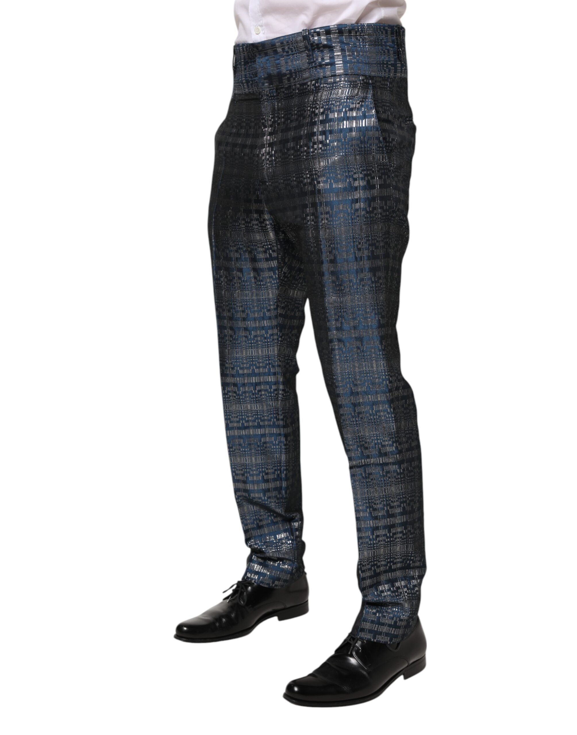 Dolce & Gabbana Blau Silber Glänzende Seide Skinny Männer Hosen Hosen