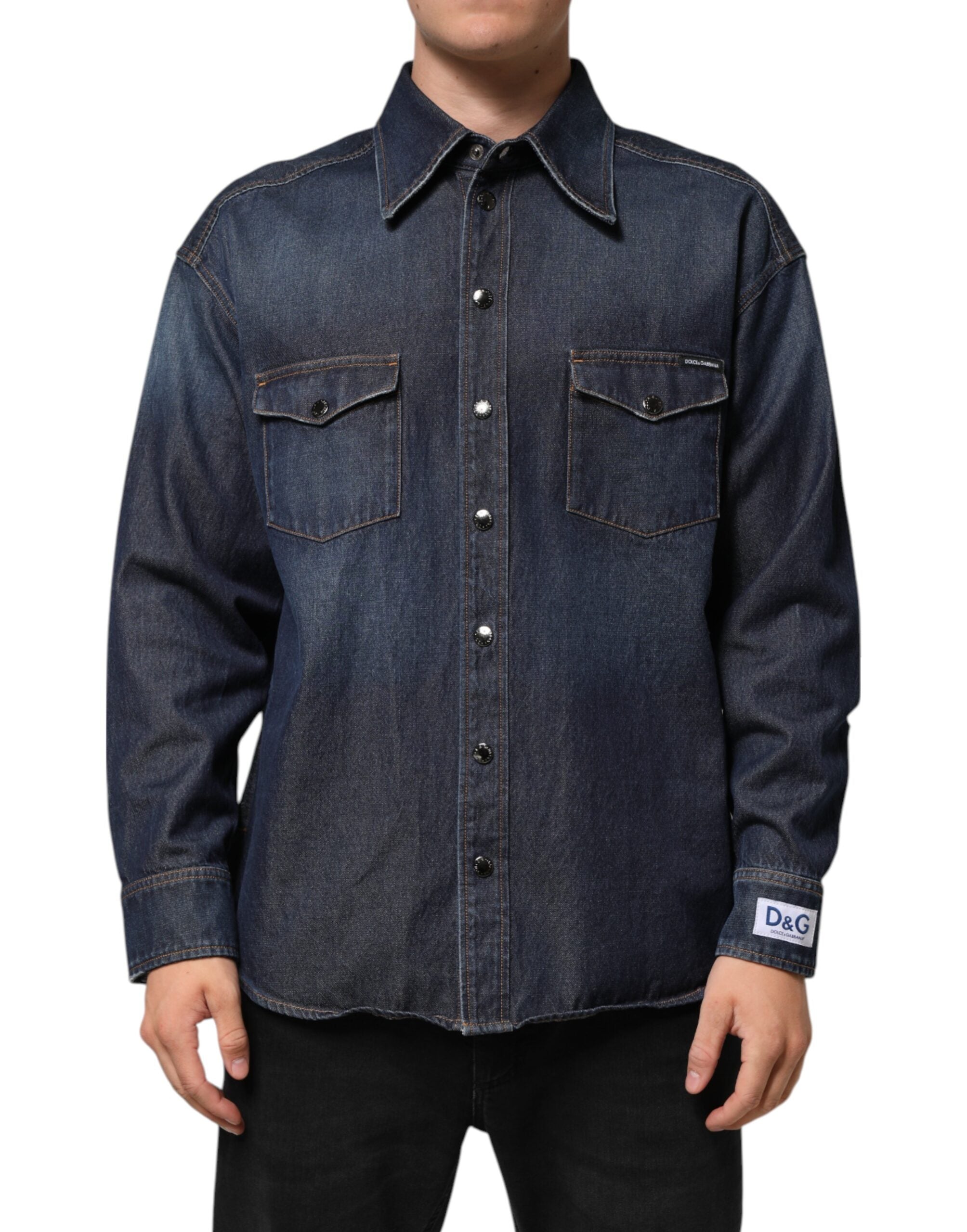 Dolce & Gabbana Blue Denim Button Casual Logo Patch Men's Shirt
