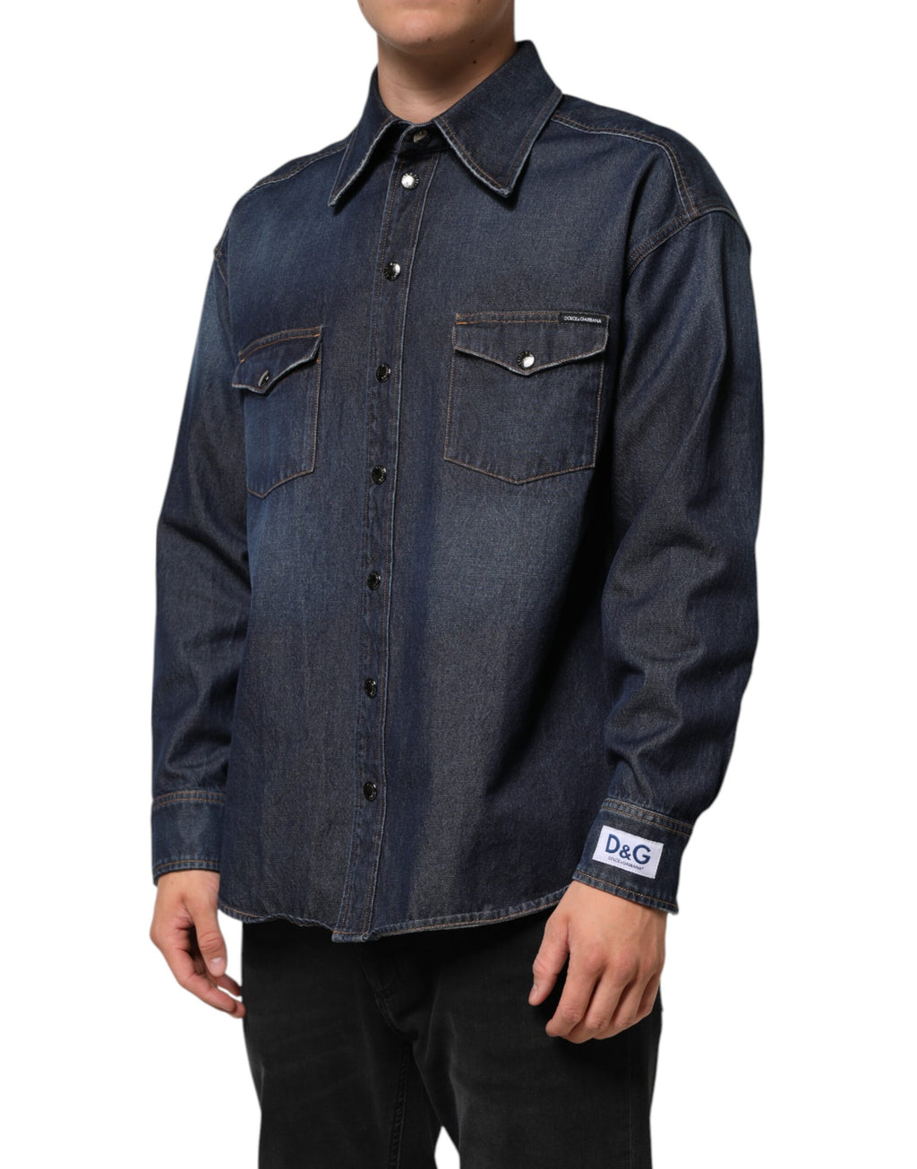 Dolce & Gabbana Blue Denim Button Casual Logo Patch Men's Shirt
