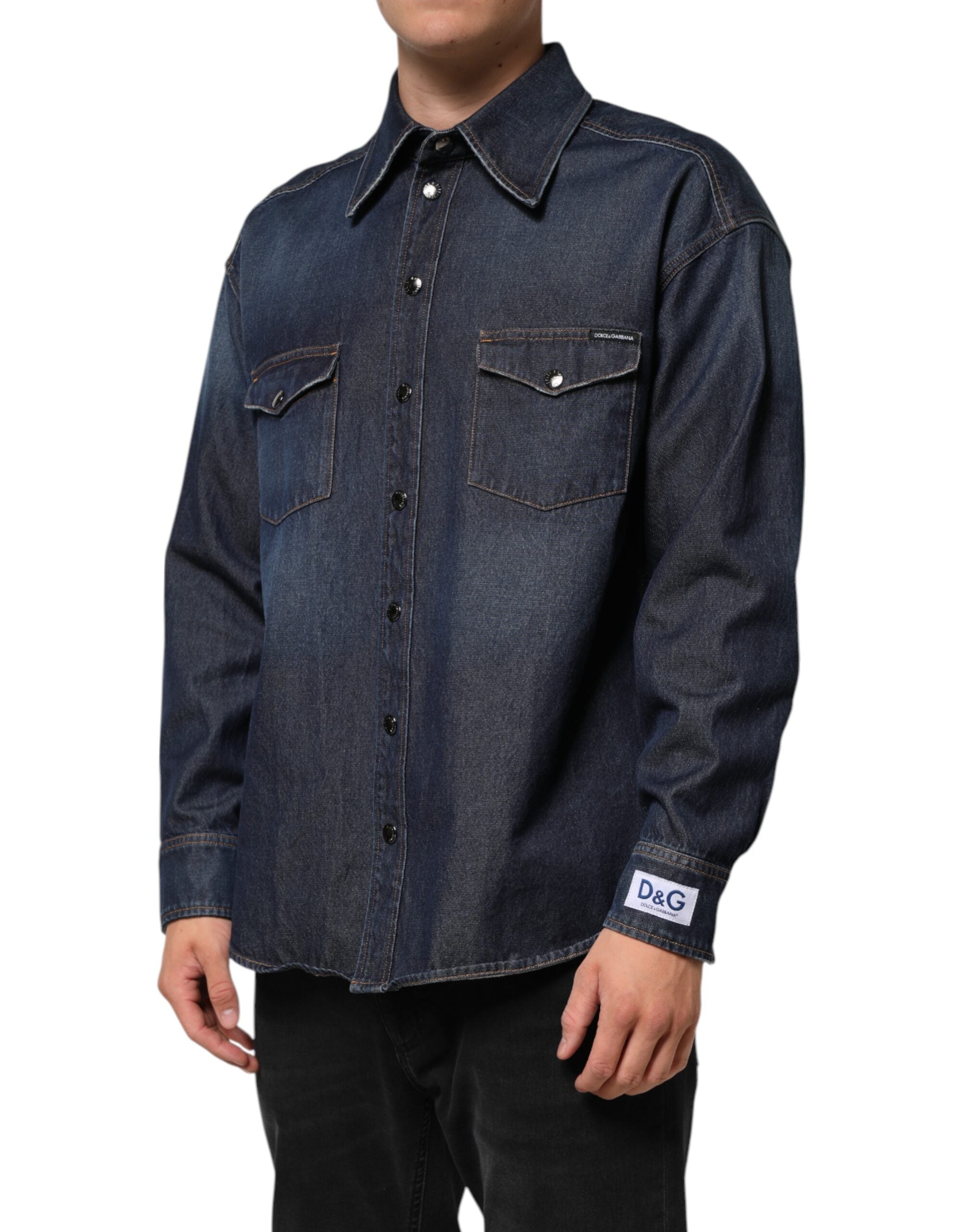 Dolce & Gabbana Blue Denim Button Casual Logo Patch Men's Shirt