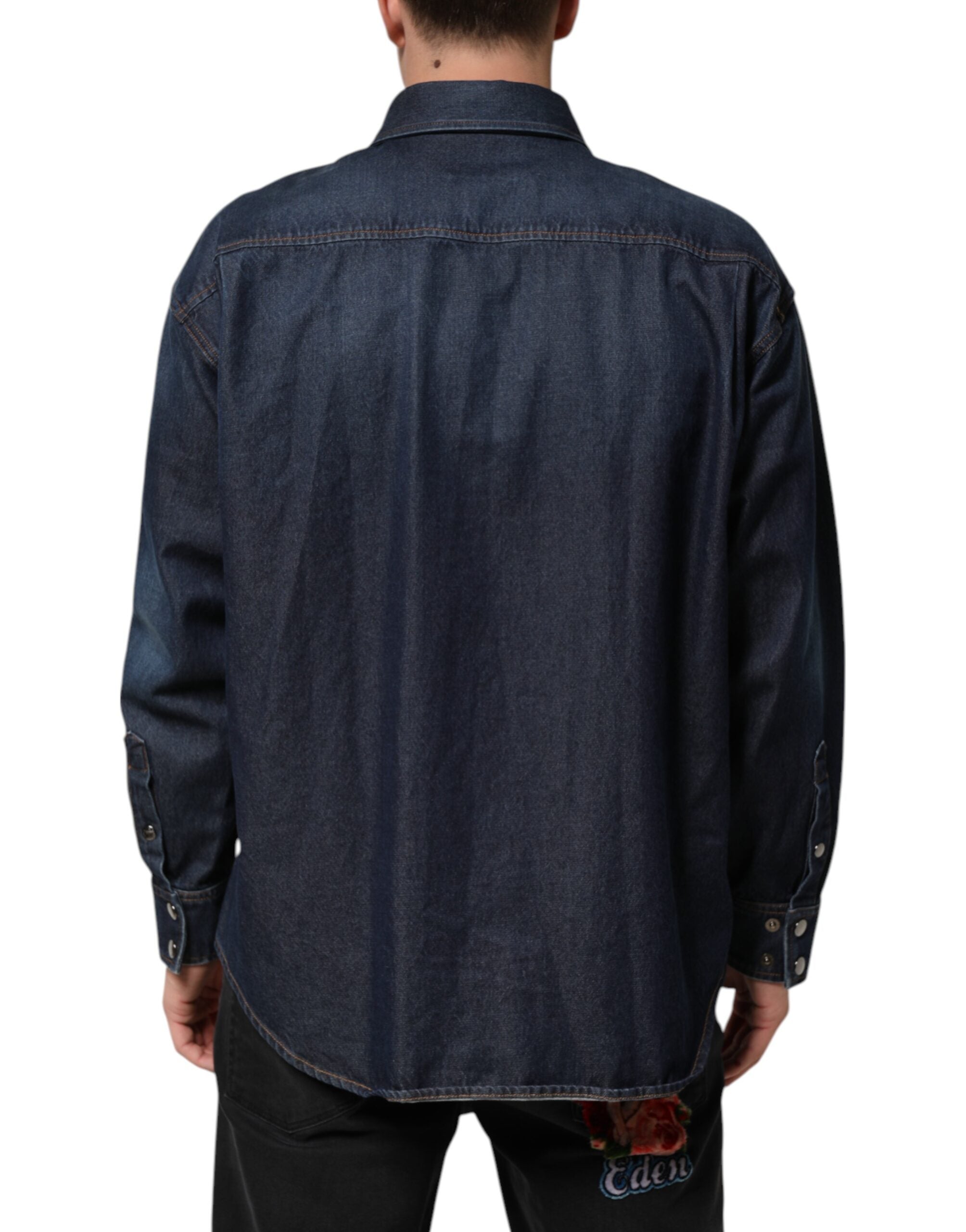 Dolce & Gabbana Blue Denim Button Casual Logo Patch Men's Shirt