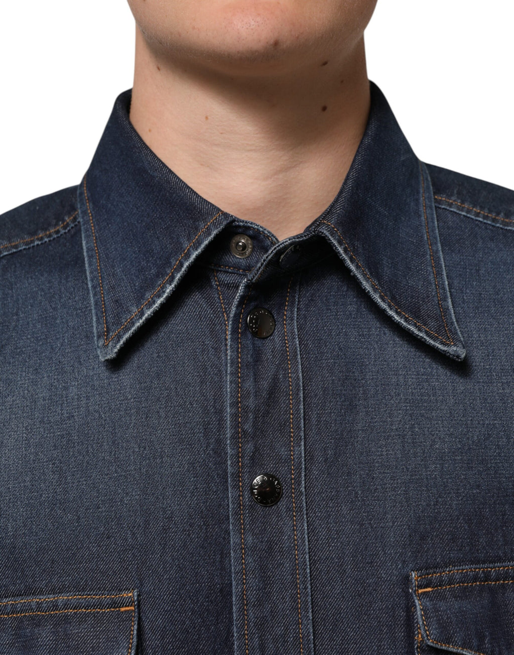Dolce & Gabbana Blue Denim Button Casual Logo Patch Men's Shirt