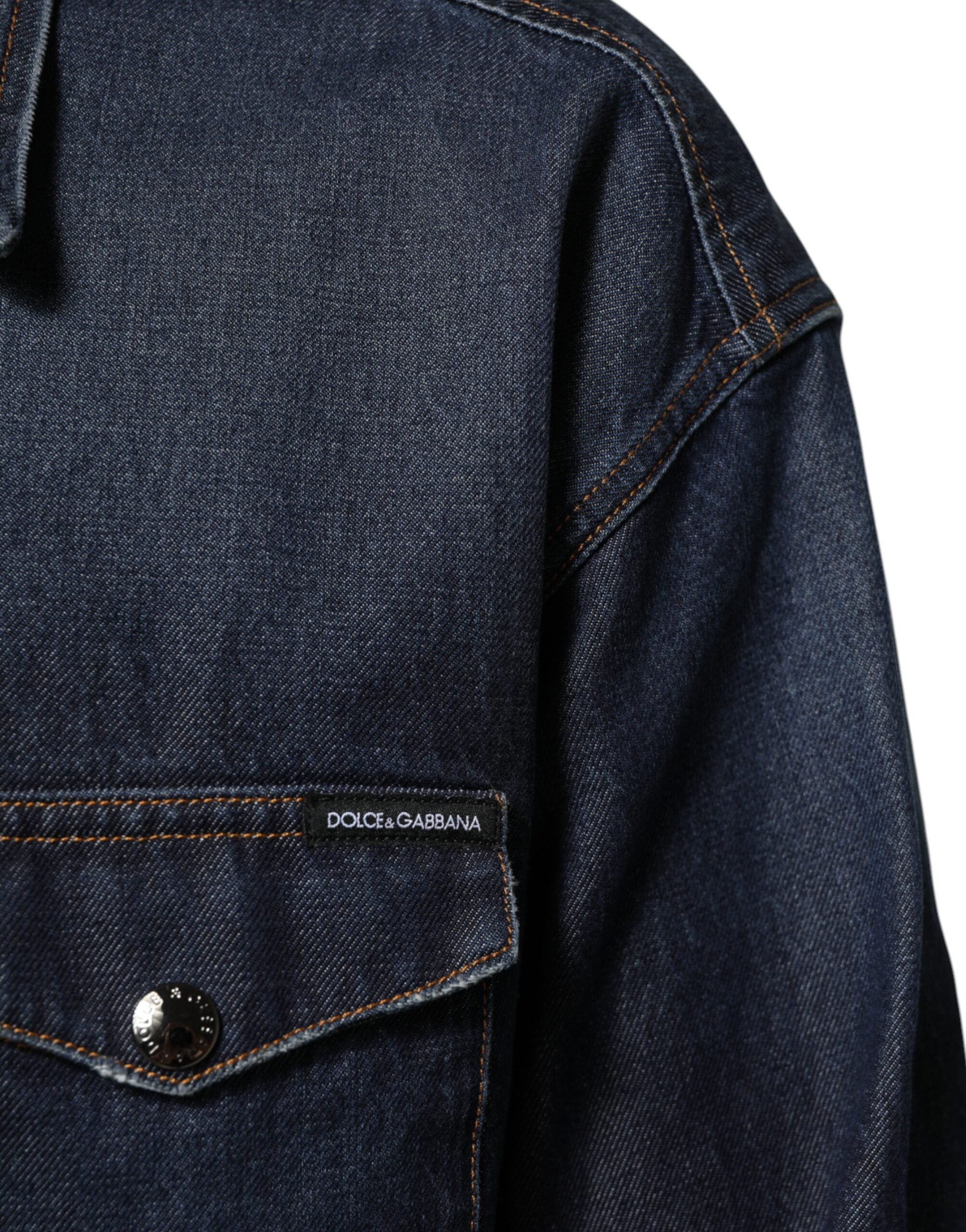 Dolce & Gabbana Blue Denim Button Casual Logo Patch Men's Shirt