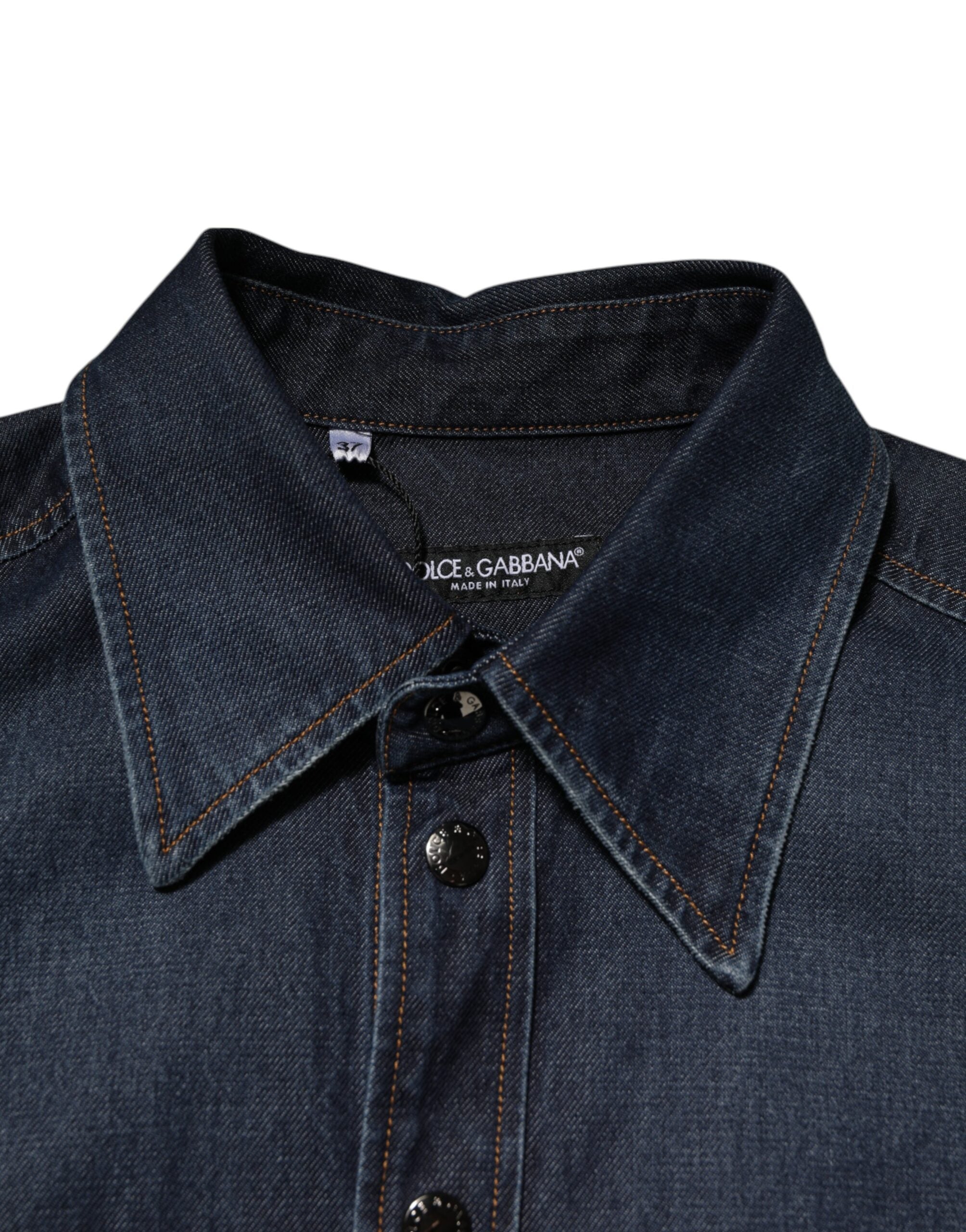 Dolce & Gabbana Blue Denim Button Casual Logo Patch Men's Shirt