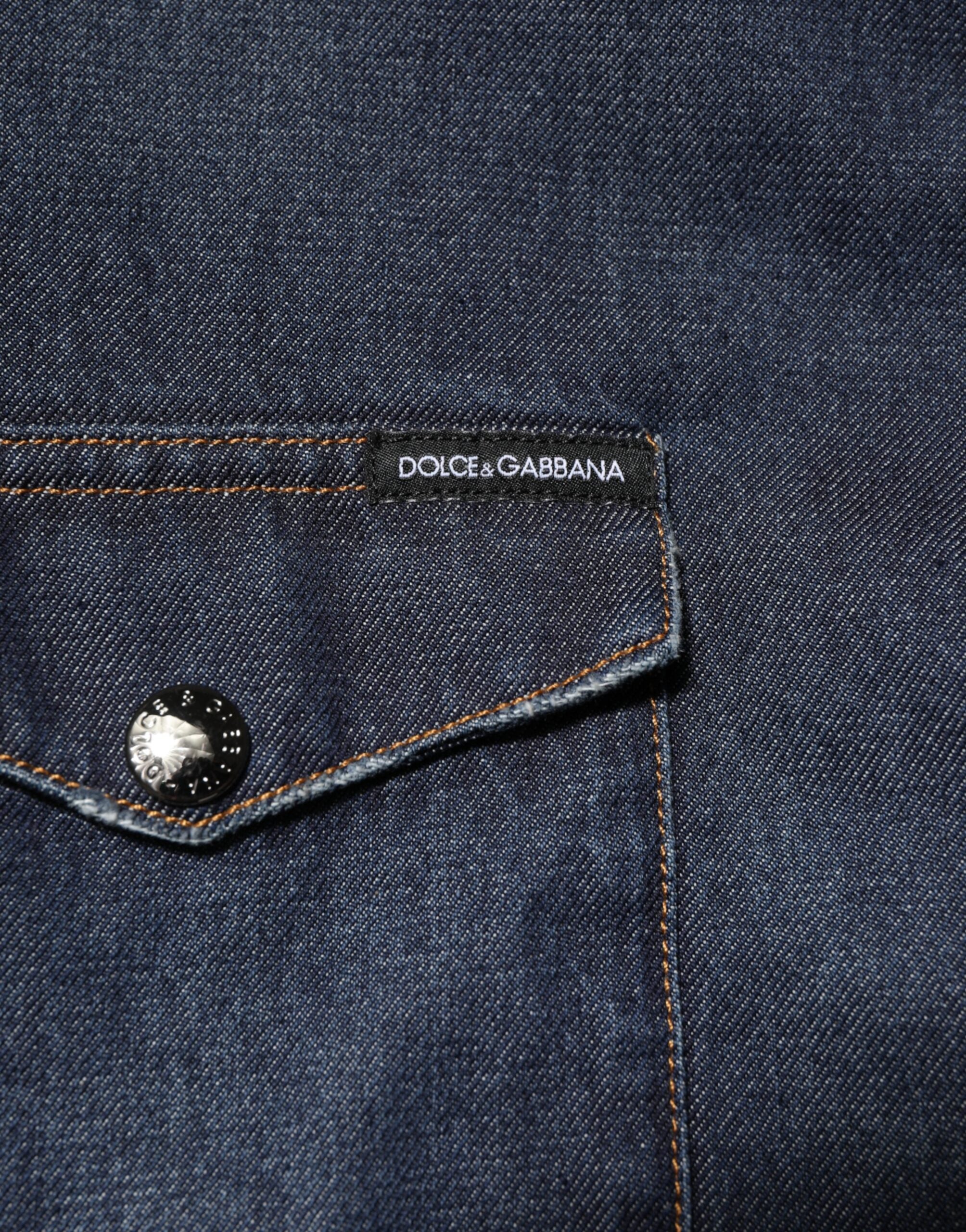 Dolce & Gabbana Blue Denim Button Casual Logo Patch Men's Shirt