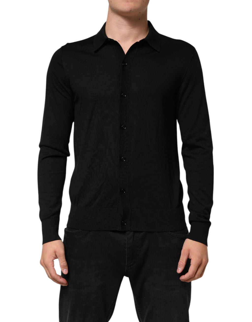 Dolce & Gabbana Leichter Pullover aus schwarzer Seide mit Knopfleiste