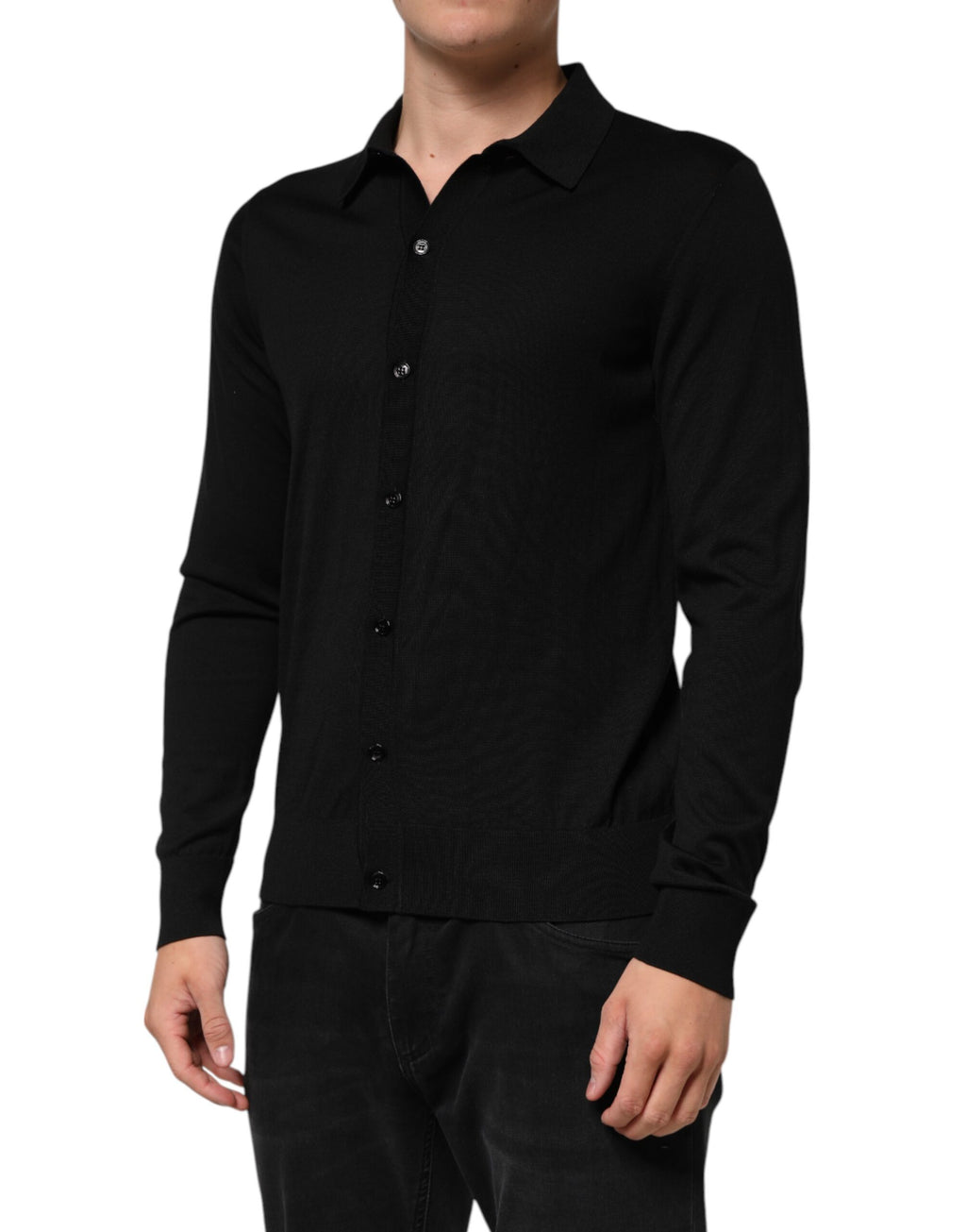 Dolce & Gabbana Leichter Pullover aus schwarzer Seide mit Knopfleiste