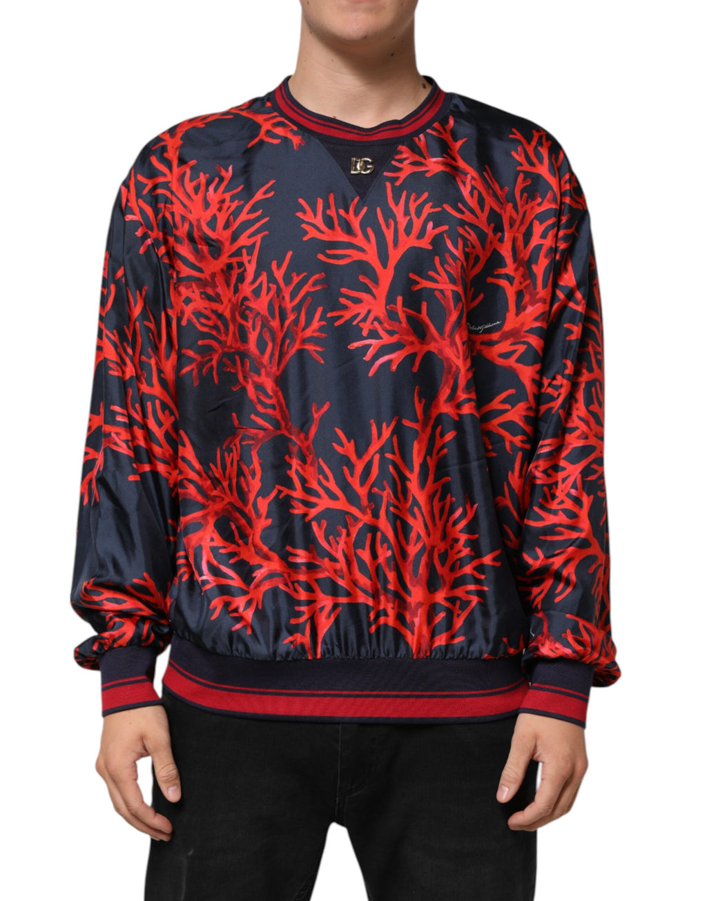 Dolce & Gabbana Navy Coral Print Silk Sweater