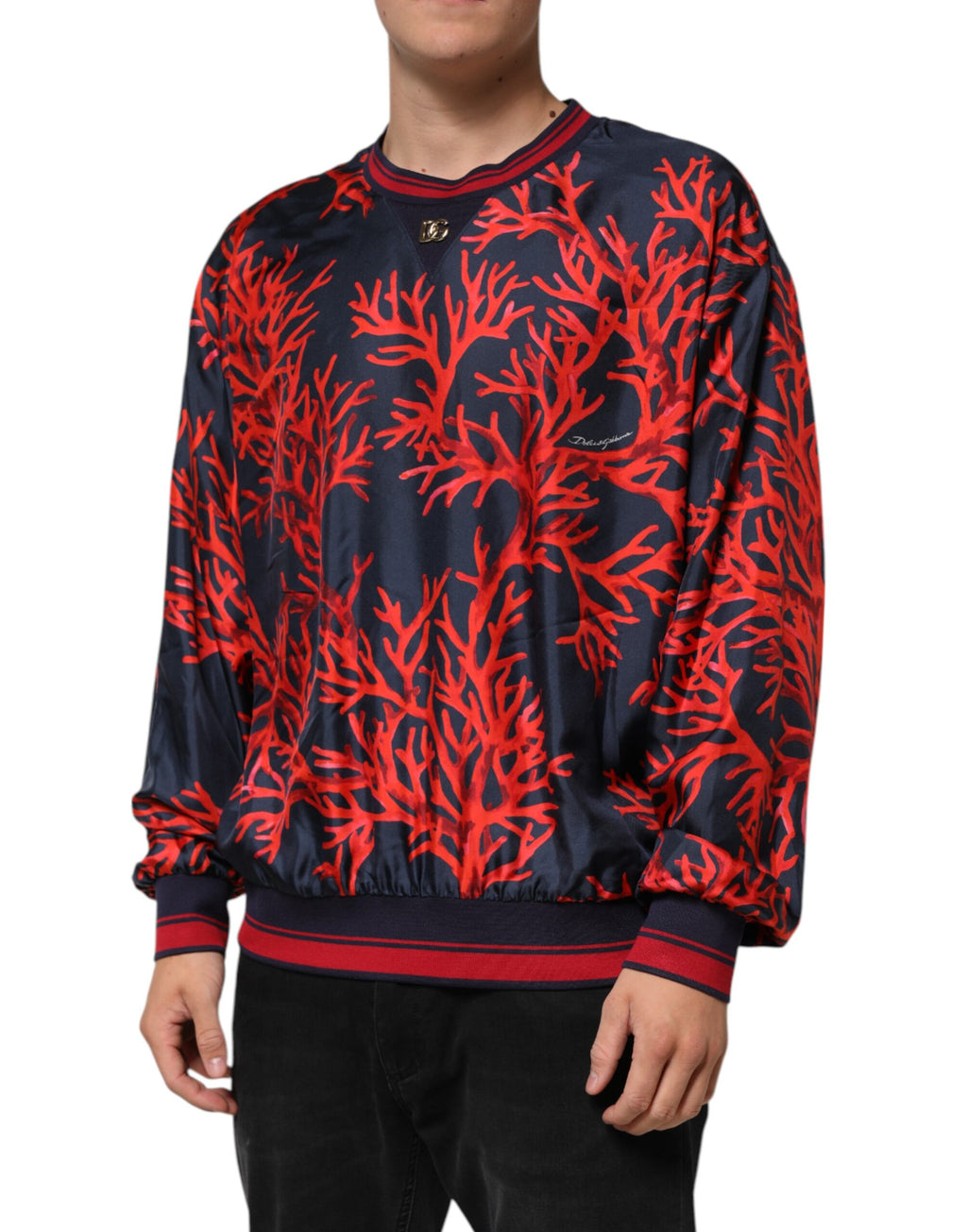 Dolce & Gabbana Navy Coral Print Silk Sweater