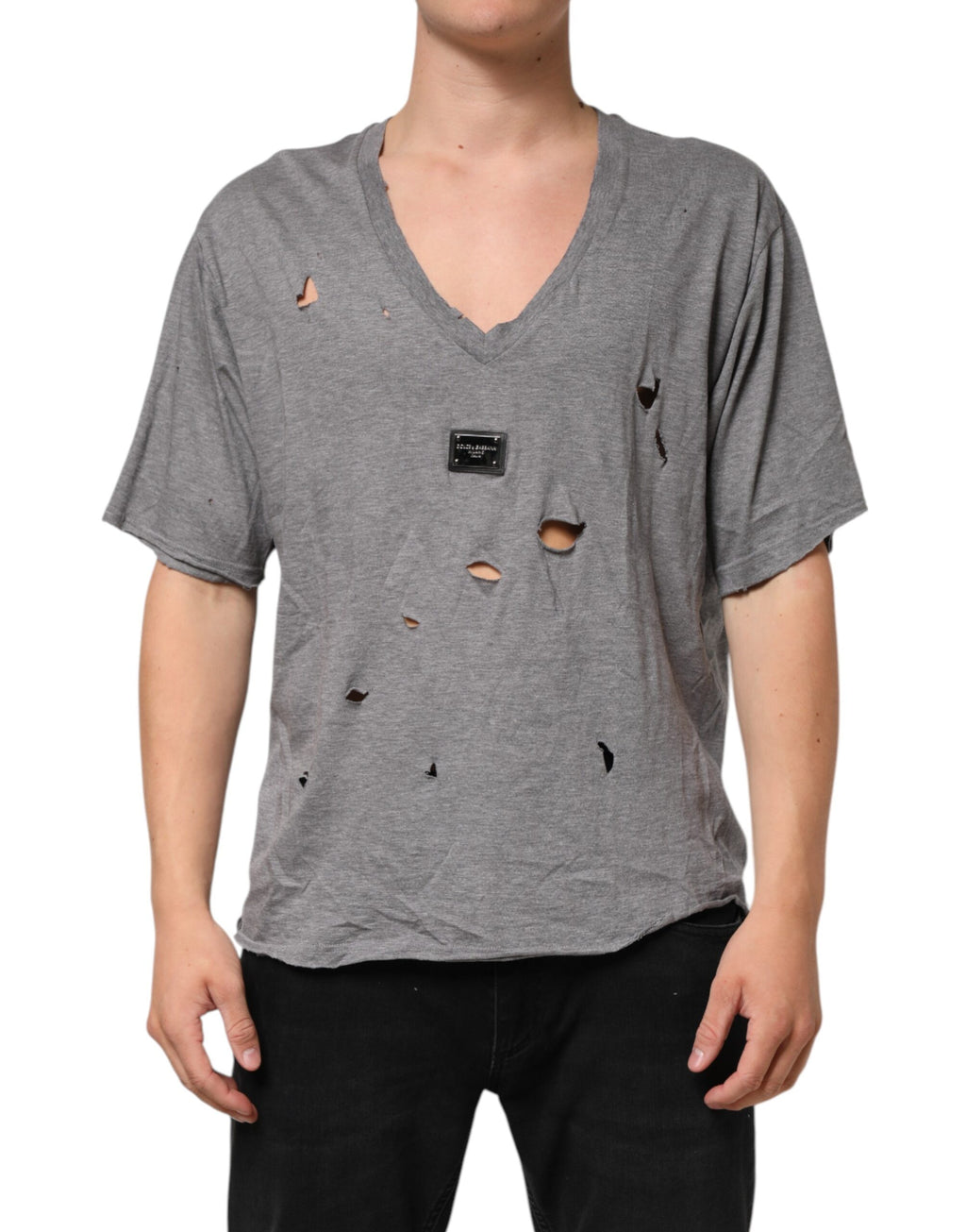 Dolce & Gabbana Men's Grey Cotton T-Shirt with Ripped Logo Patch