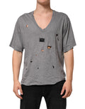 Dolce & Gabbana Men's Grey Cotton T-Shirt with Ripped Logo Patch