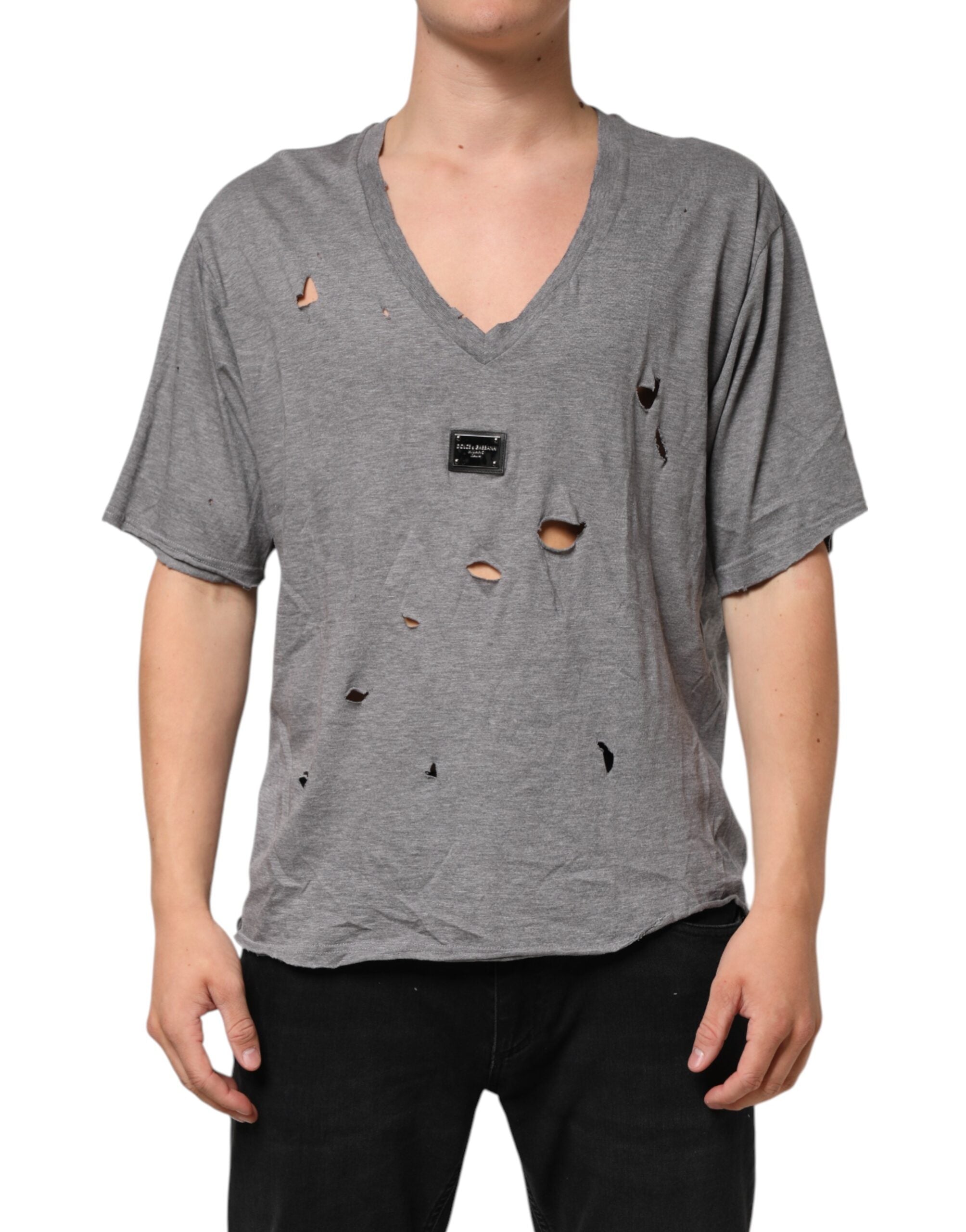 Dolce & Gabbana Men's Grey Cotton T-Shirt with Ripped Logo Patch