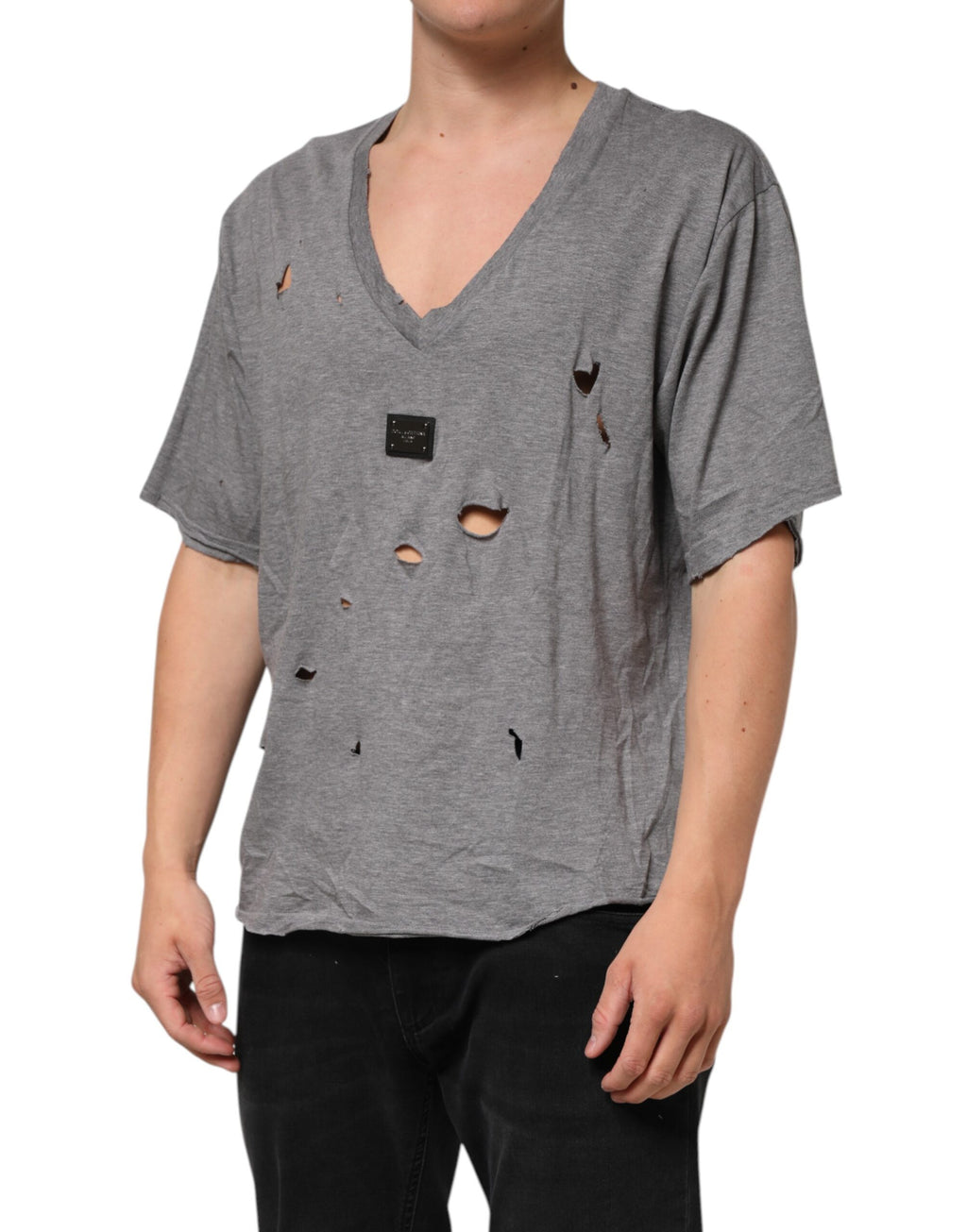 Dolce & Gabbana Men's Grey Cotton T-Shirt with Ripped Logo Patch
