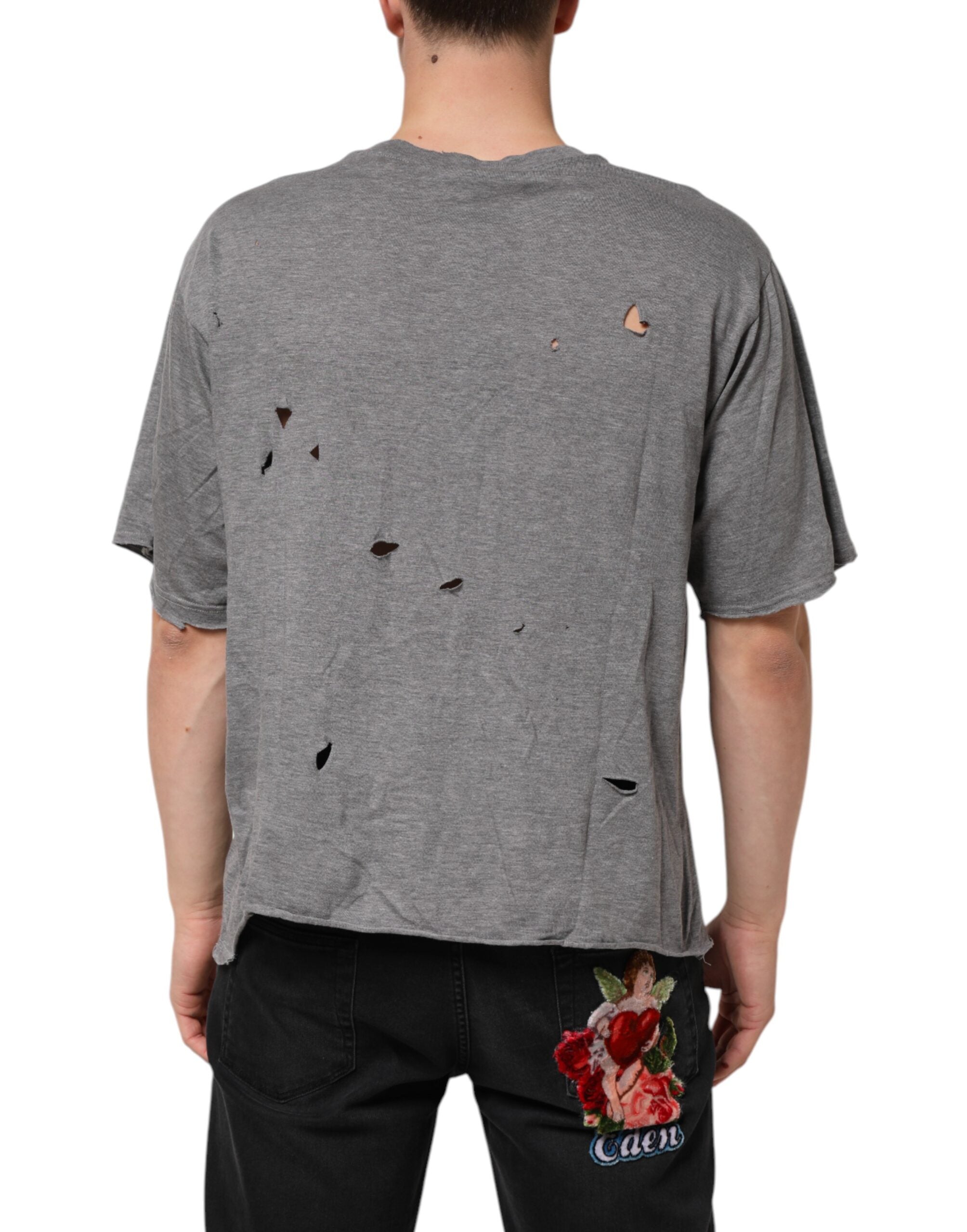 Dolce & Gabbana Men's Grey Cotton T-Shirt with Ripped Logo Patch