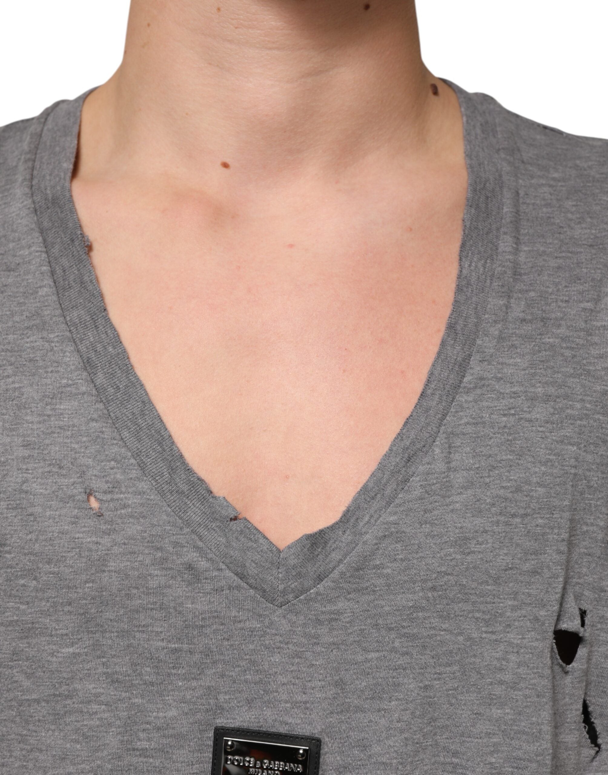 Dolce & Gabbana Men's Grey Cotton T-Shirt with Ripped Logo Patch