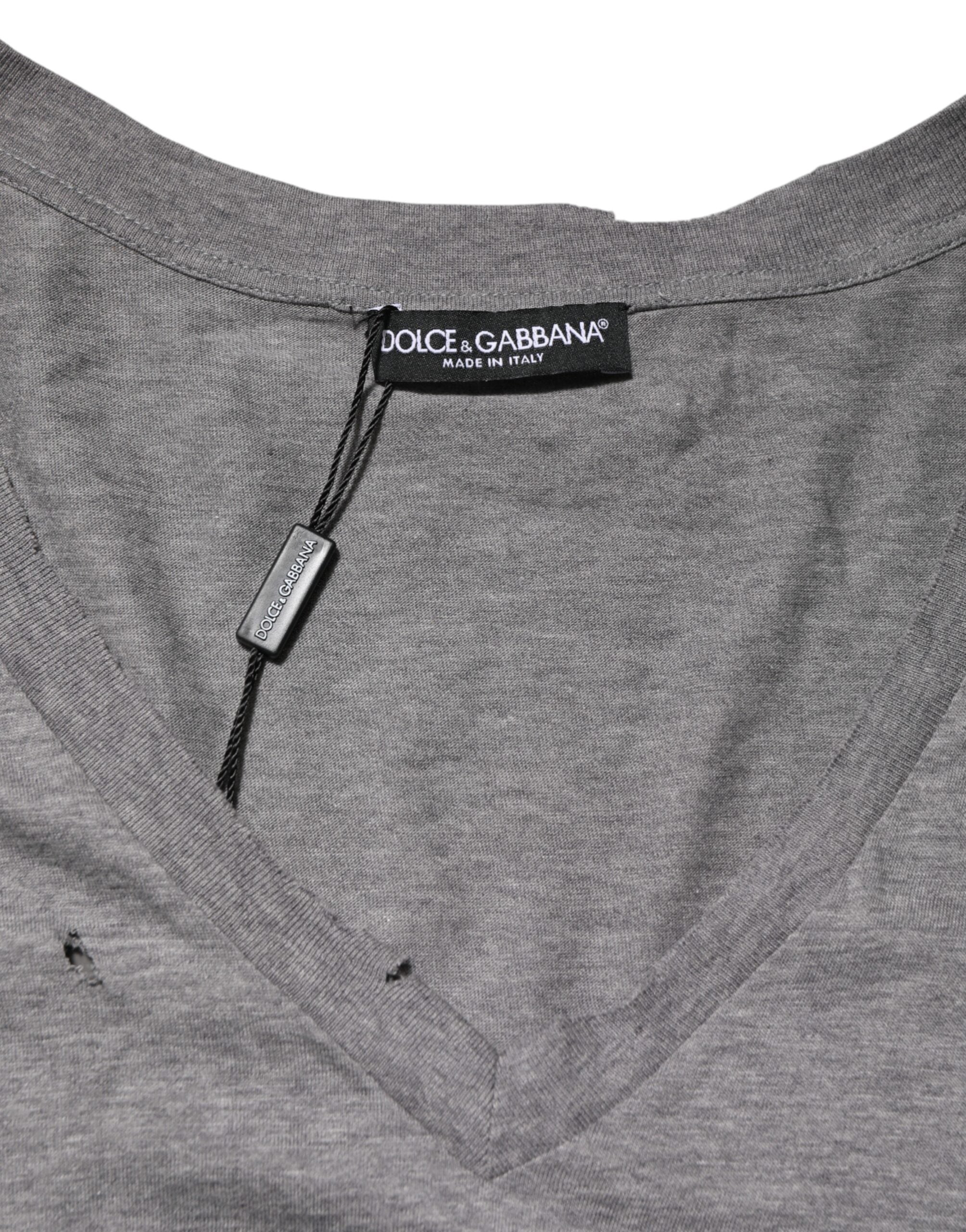 Dolce & Gabbana Men's Grey Cotton T-Shirt with Ripped Logo Patch