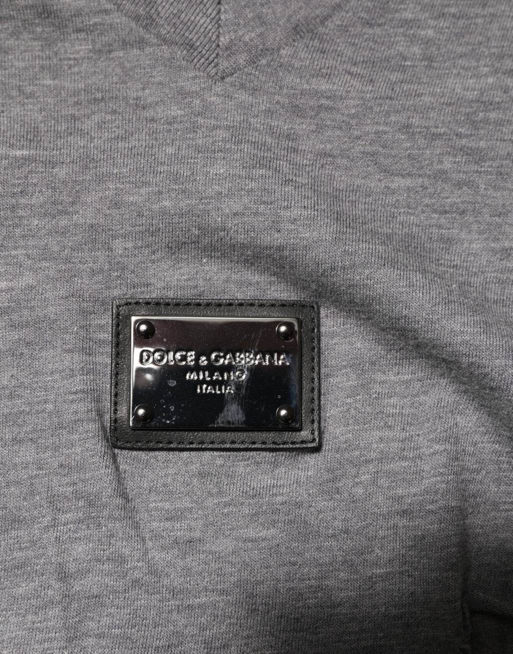Dolce & Gabbana Men's Grey Cotton T-Shirt with Ripped Logo Patch