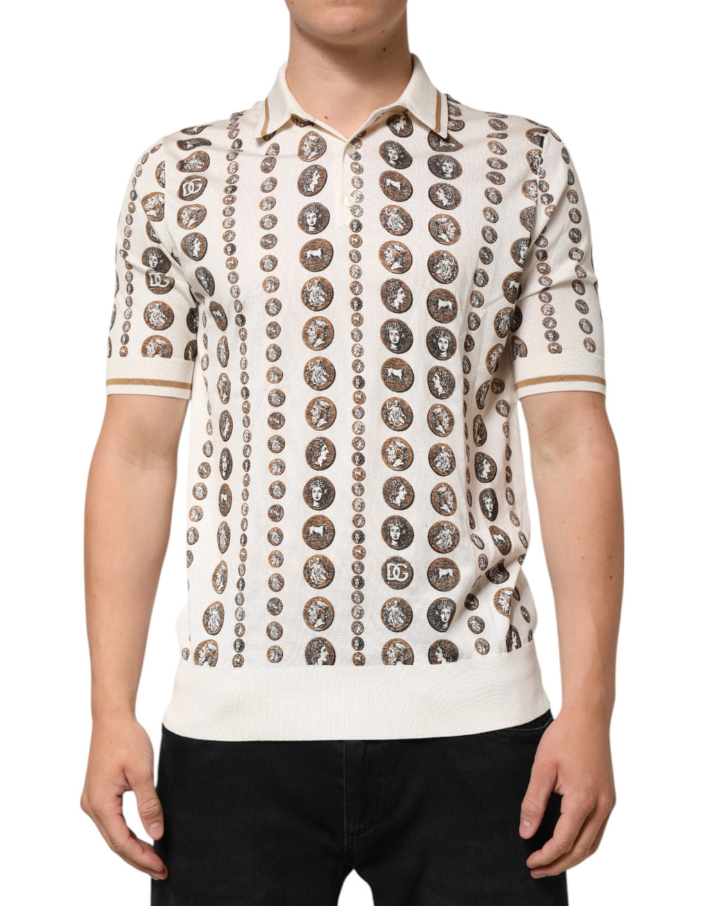 Dolce & Gabbana Elfenbeinfarbenes Seiden-Polo-T-Shirt mit Münzdruck für Männer