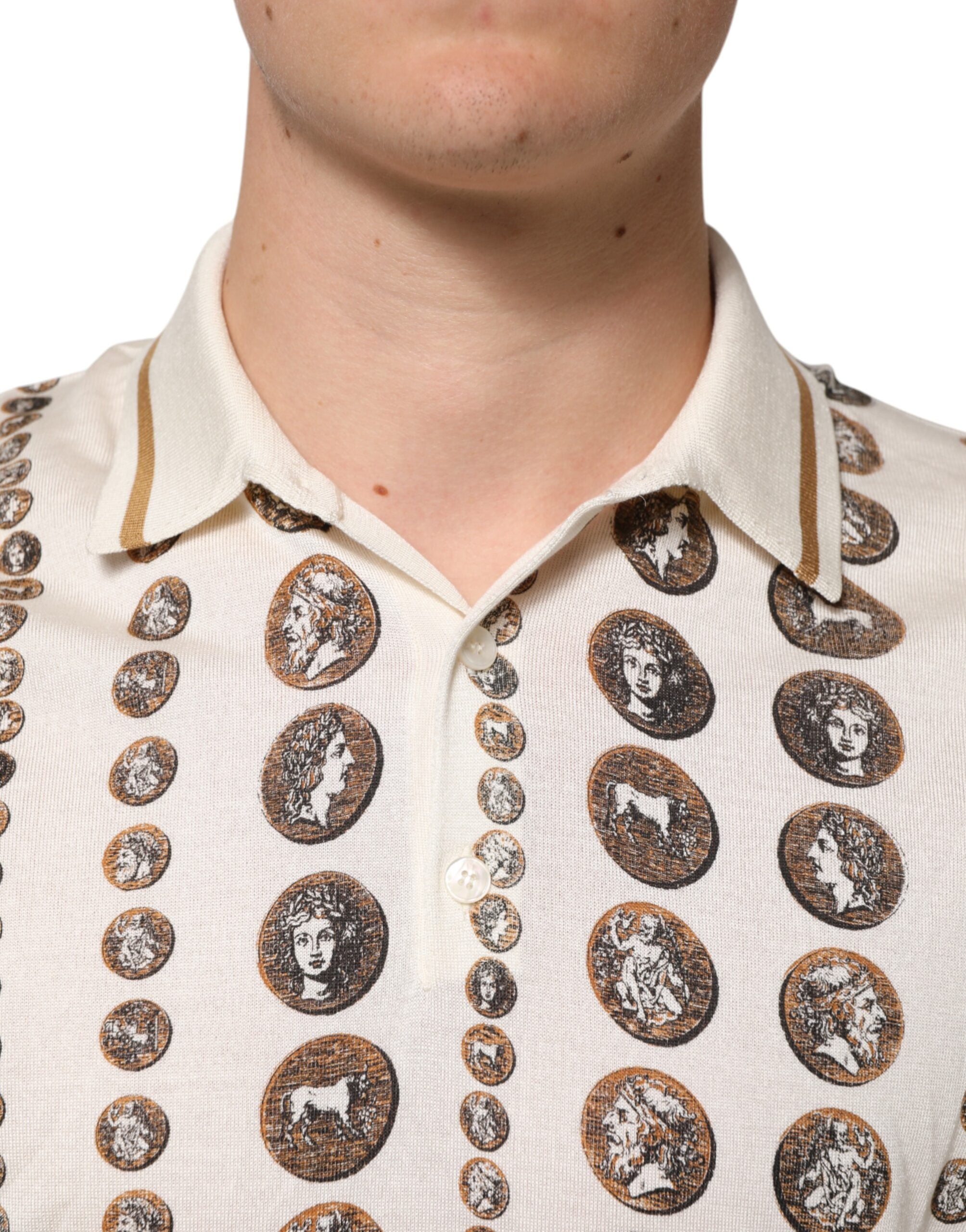 Dolce & Gabbana Elfenbeinfarbenes Seiden-Polo-T-Shirt mit Münzdruck für Männer