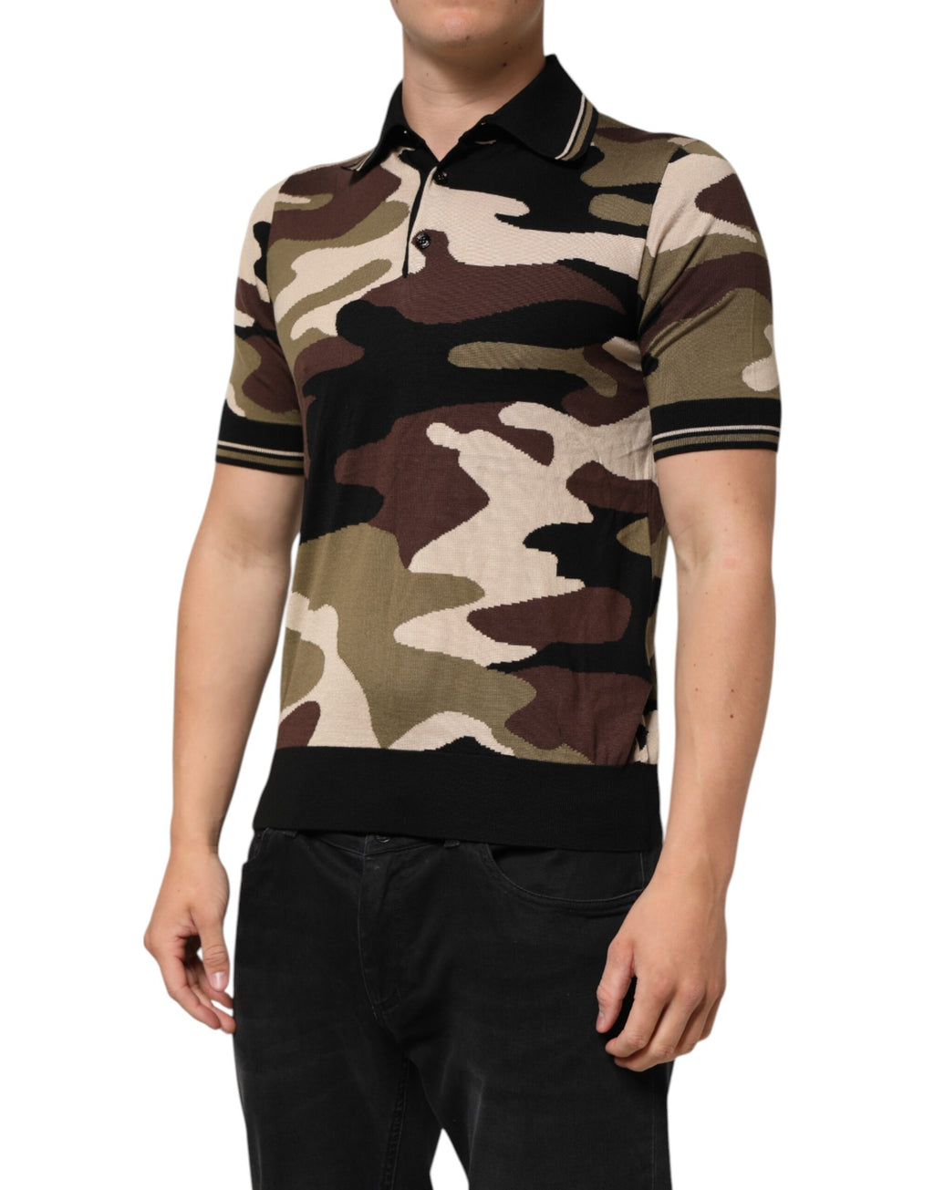 Dolce & Gabbana Camouflage Brown Silk Military Polo T-Shirt