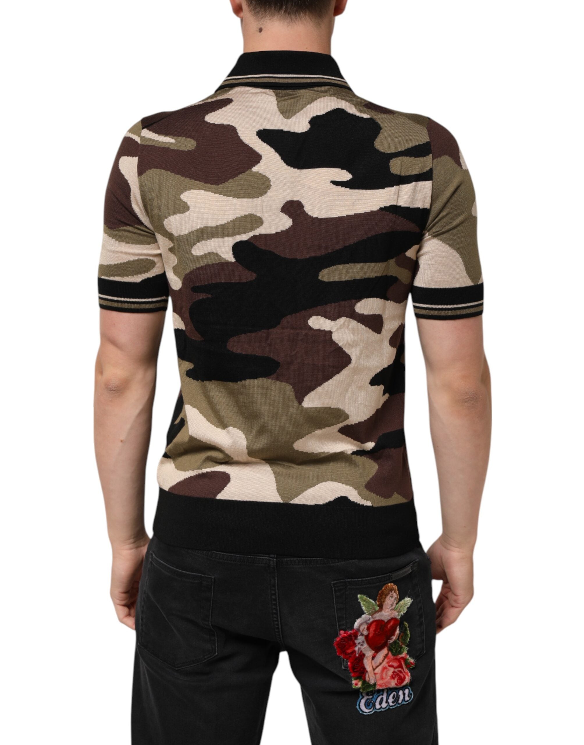 Dolce & Gabbana Camouflage Brown Silk Military Polo T-Shirt