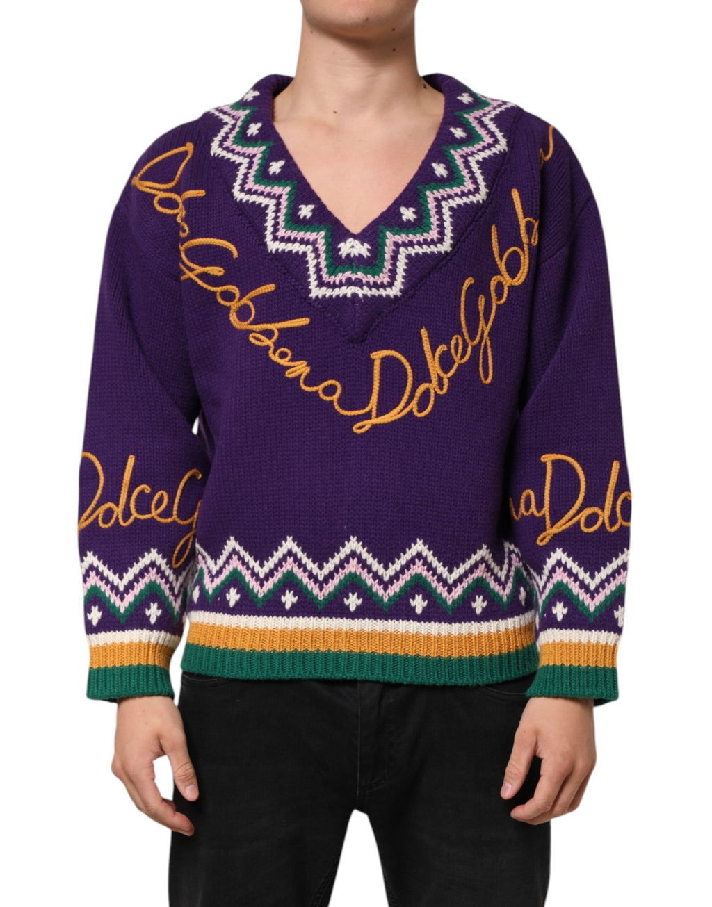 Dolce & Gabbana Lila Wolle DG Logo Herren Strickpullover Pullover