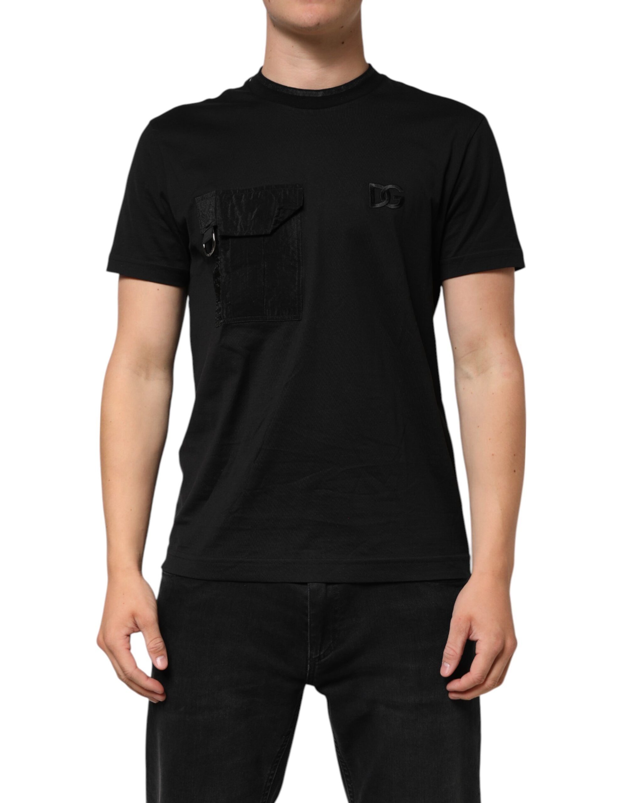 Dolce & Gabbana Black Cotton T-Shirt with Embroidered DG Logo on Pocket