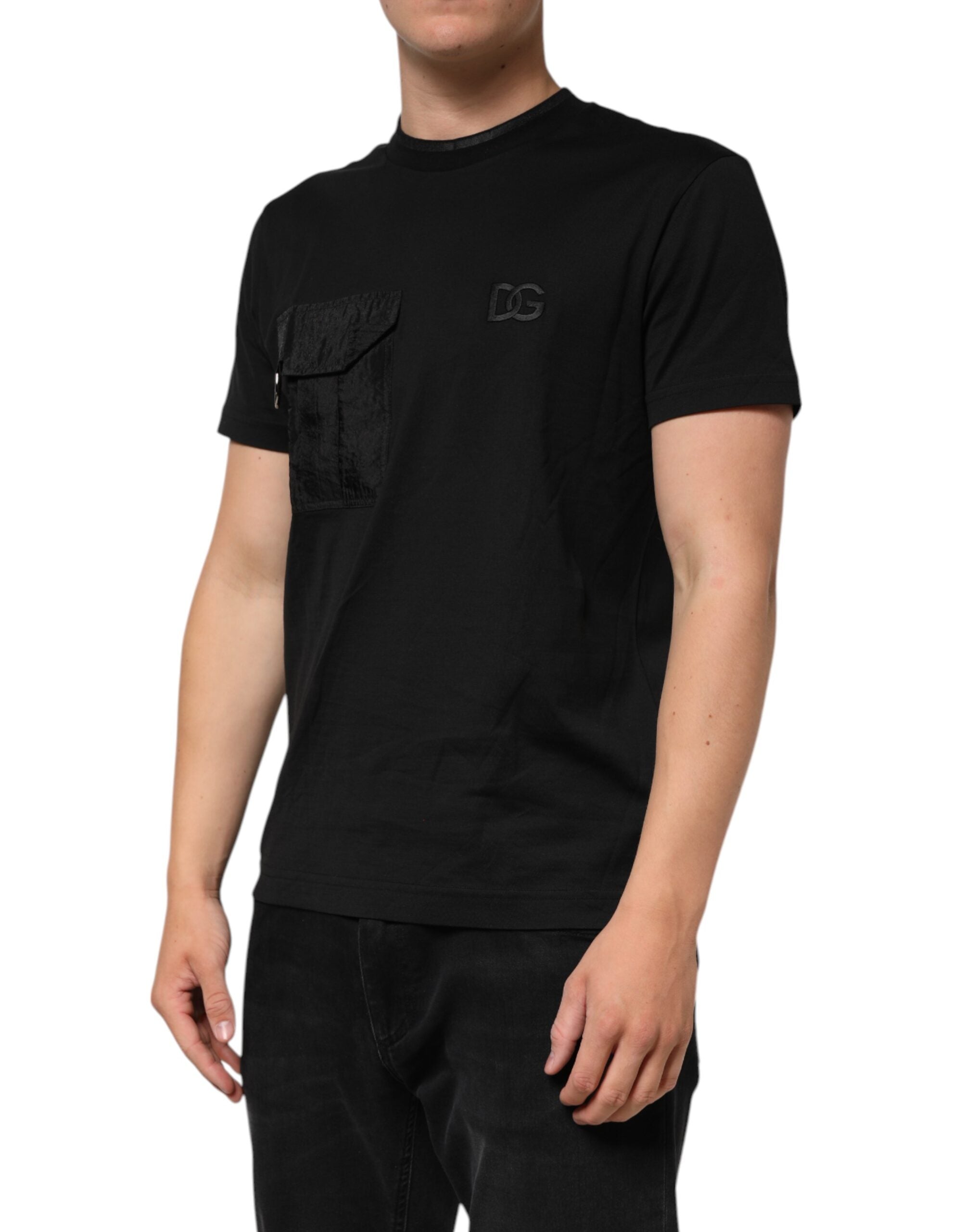 Dolce & Gabbana Black Cotton T-Shirt with Embroidered DG Logo on Pocket