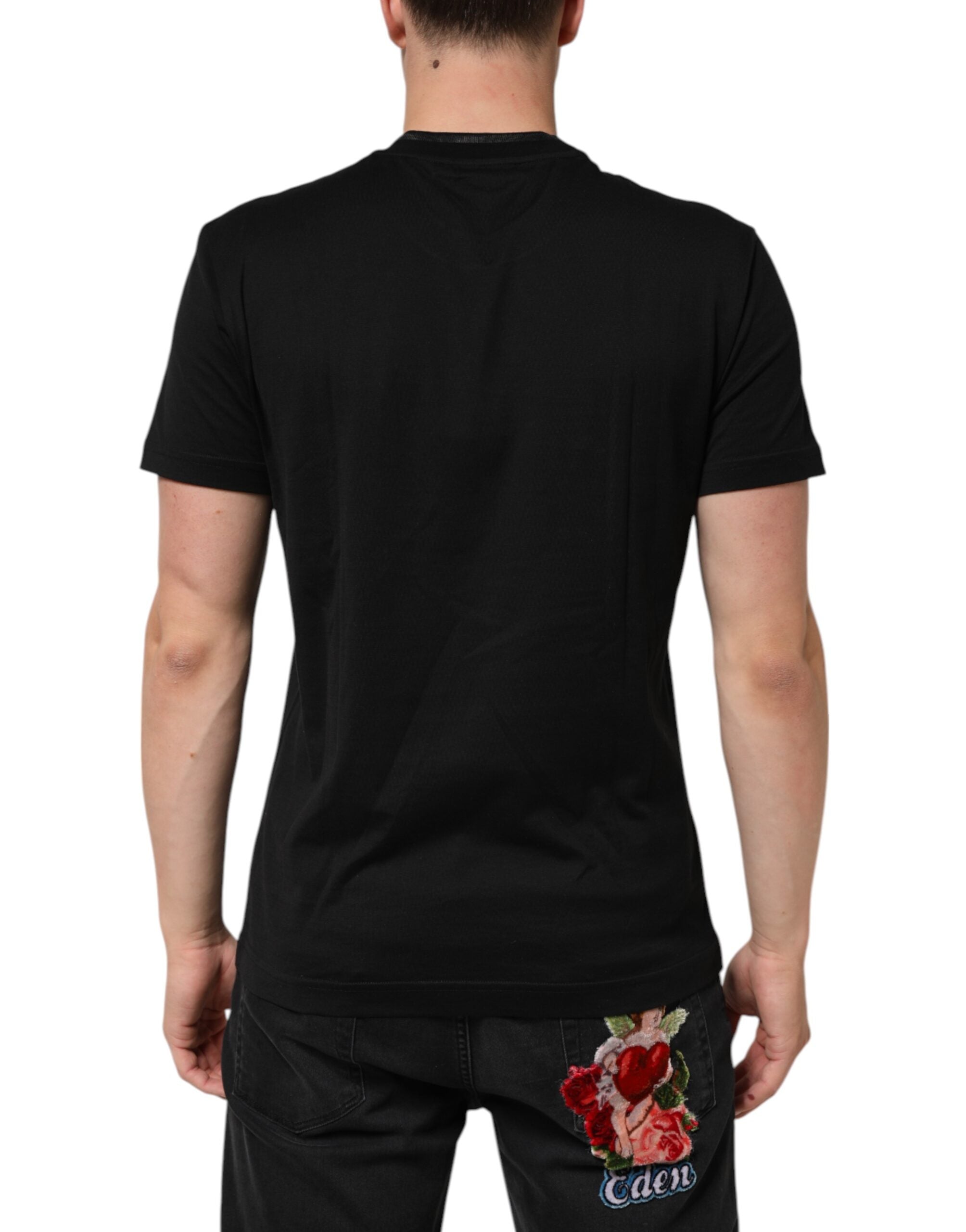 Dolce & Gabbana Black Cotton T-Shirt with Embroidered DG Logo on Pocket