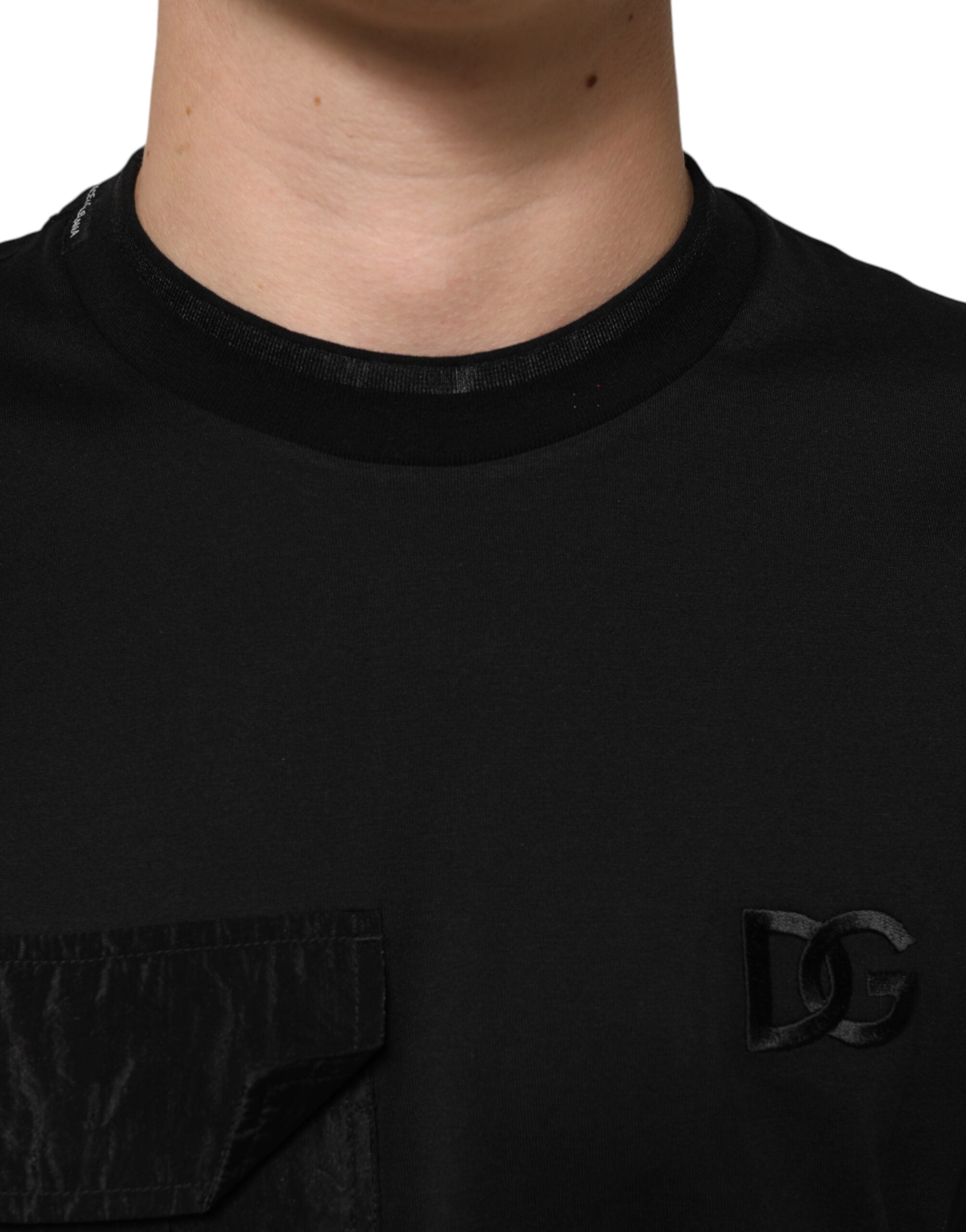 Dolce & Gabbana Black Cotton T-Shirt with Embroidered DG Logo on Pocket