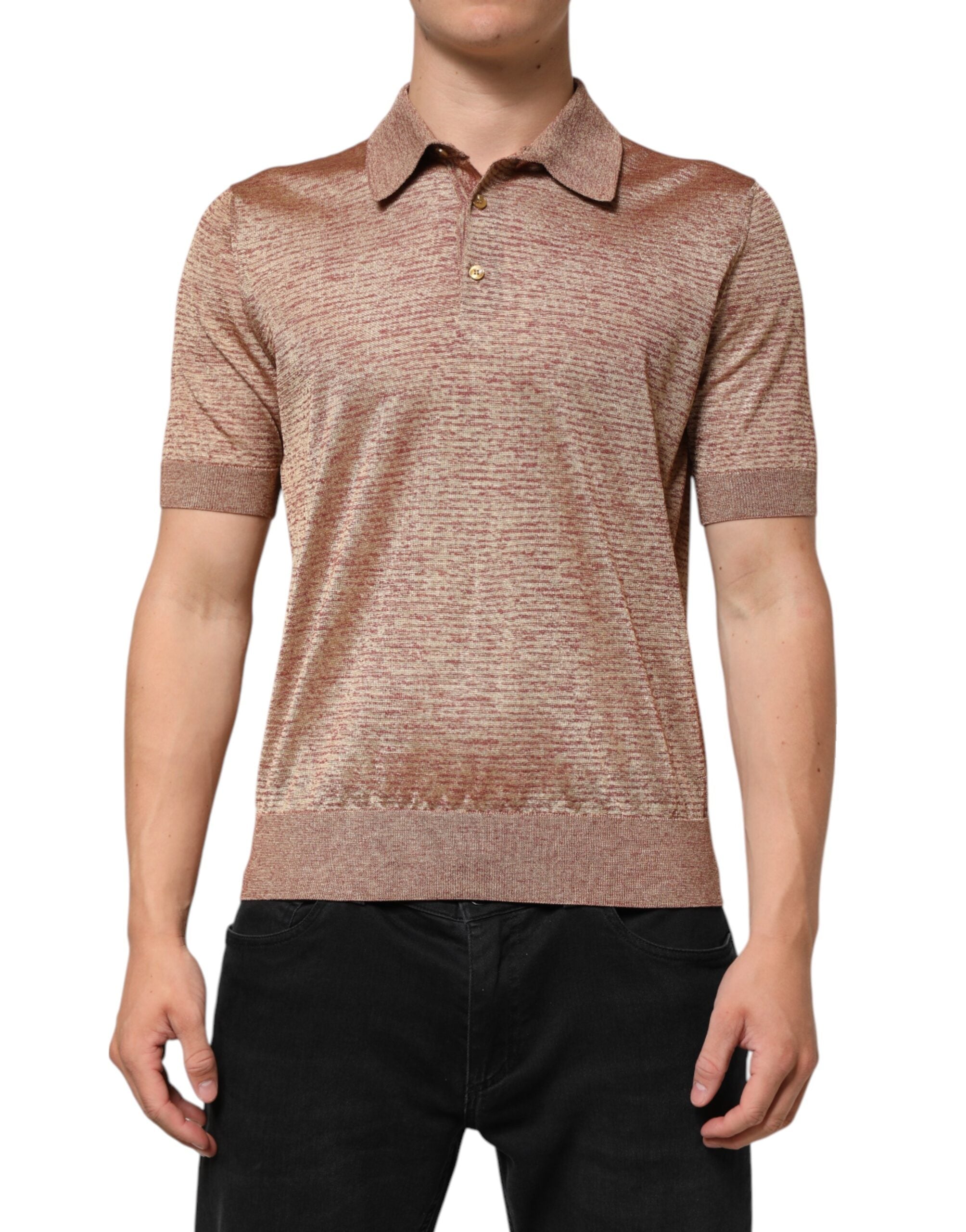 Dolce & Gabbana Brown Textured Silk Short Sleeve Polo Shirt