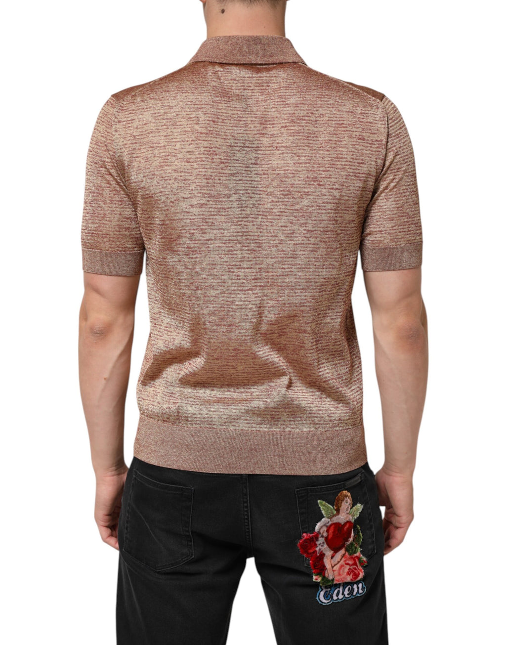 Dolce & Gabbana Brown Textured Silk Short Sleeve Polo Shirt
