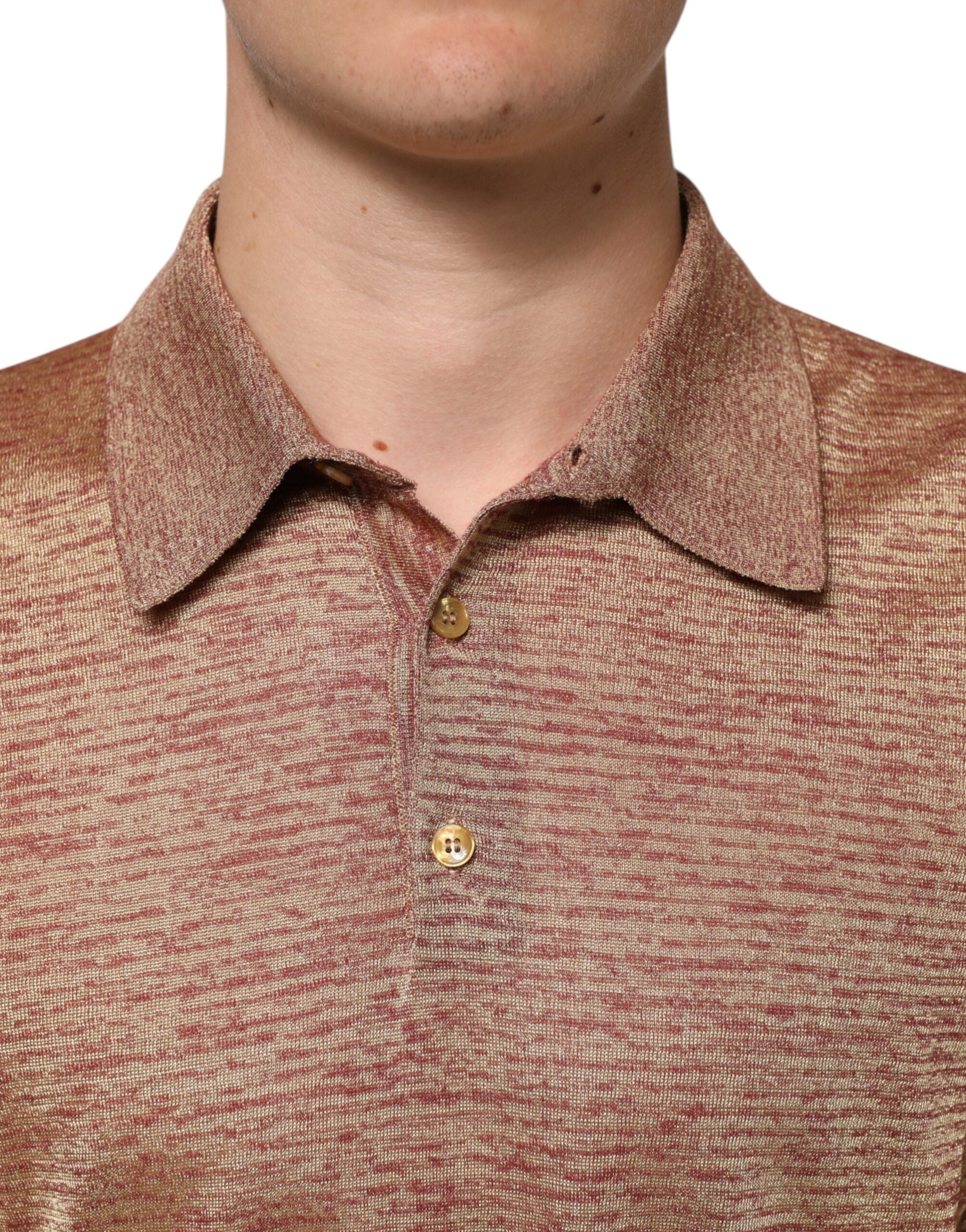 Dolce & Gabbana Brown Textured Silk Short Sleeve Polo Shirt