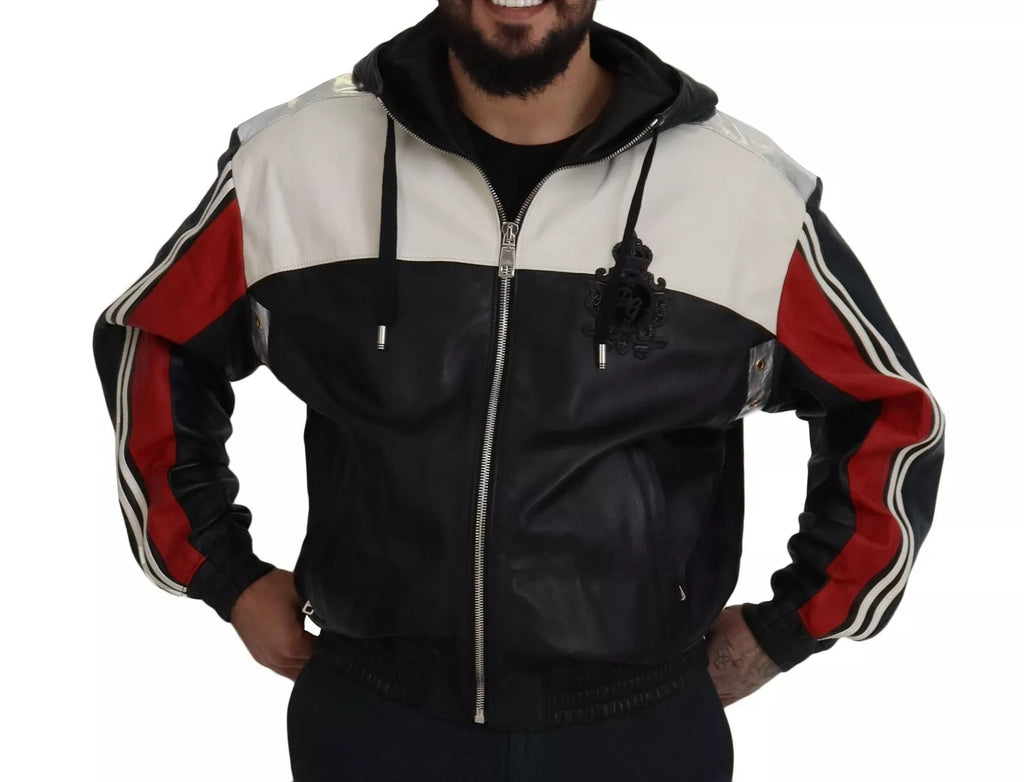 Dolce & Gabbana Schwarze Leder-Blousonjacke mit Kapuze