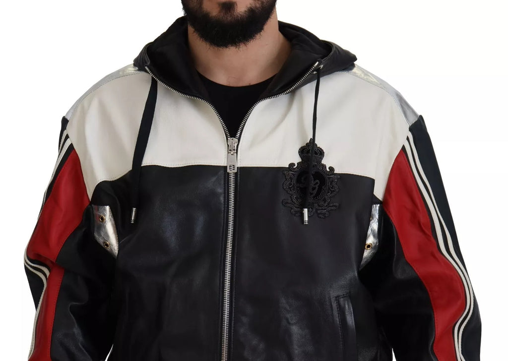 Dolce & Gabbana Schwarze Leder-Blousonjacke mit Kapuze