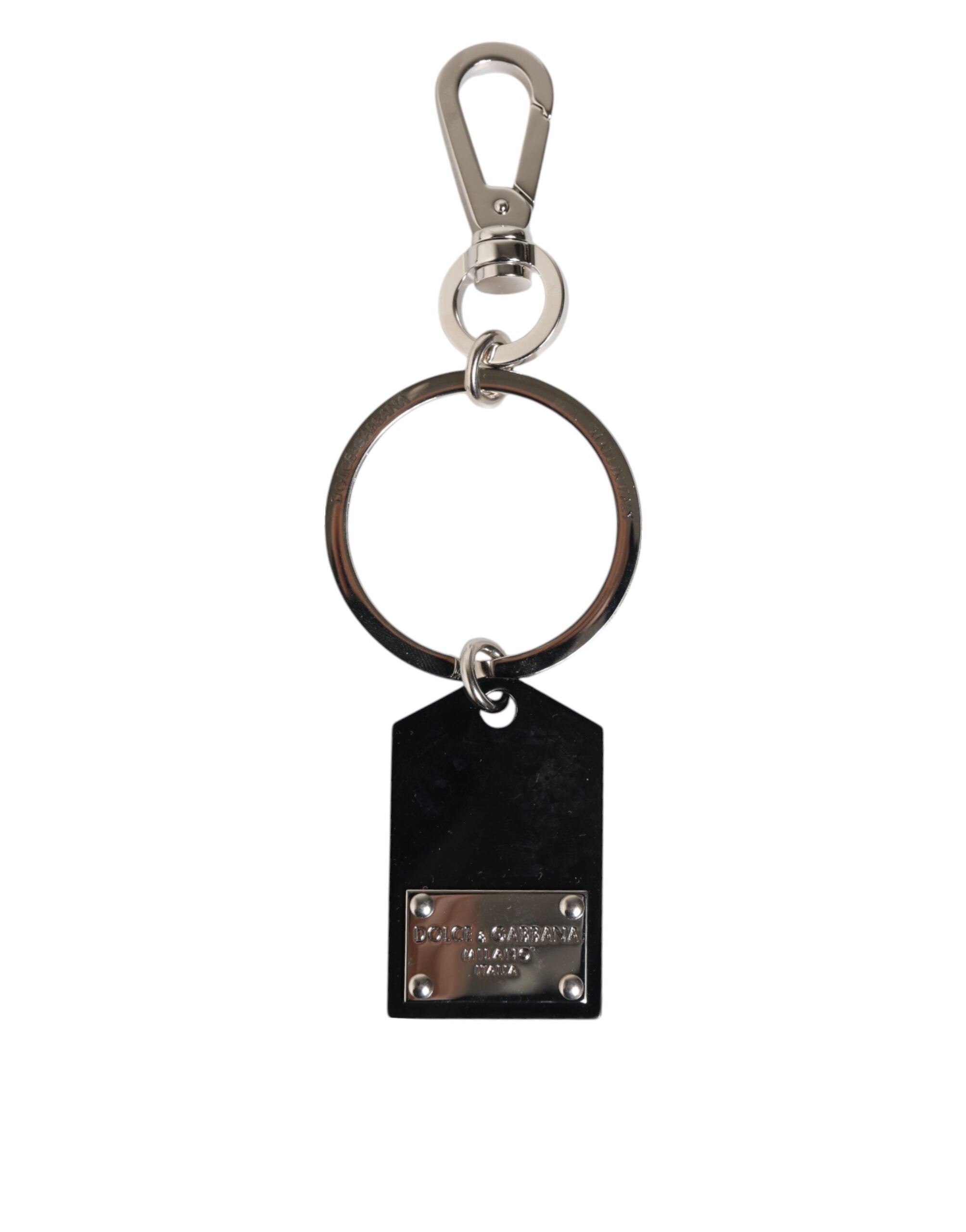 Dolce & Gabbana Black Sint Glass Plaque DG Logo Metal Tag Keyring Keychain