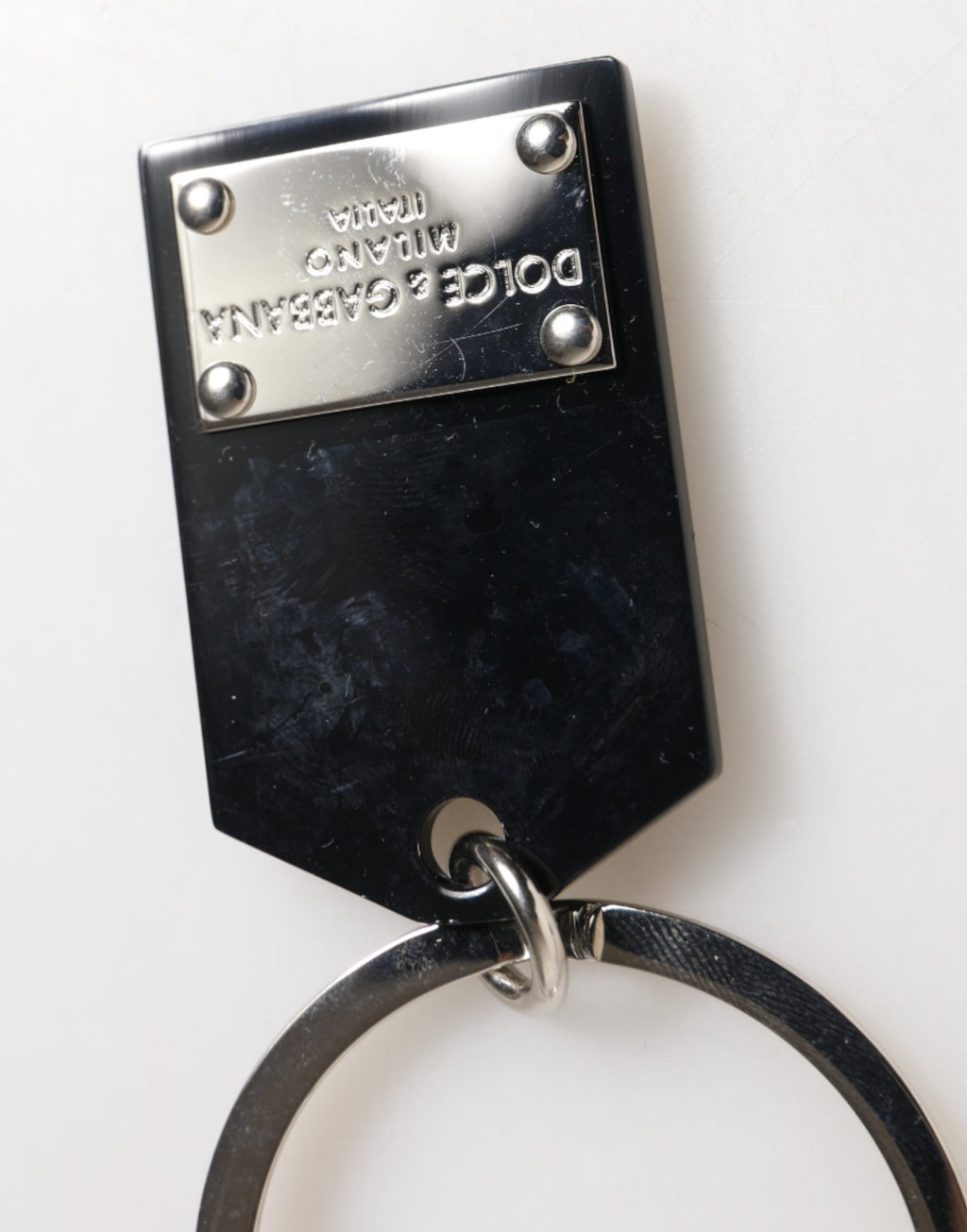 Dolce & Gabbana Black Sint Glass Plaque DG Logo Metal Tag Keyring Keychain