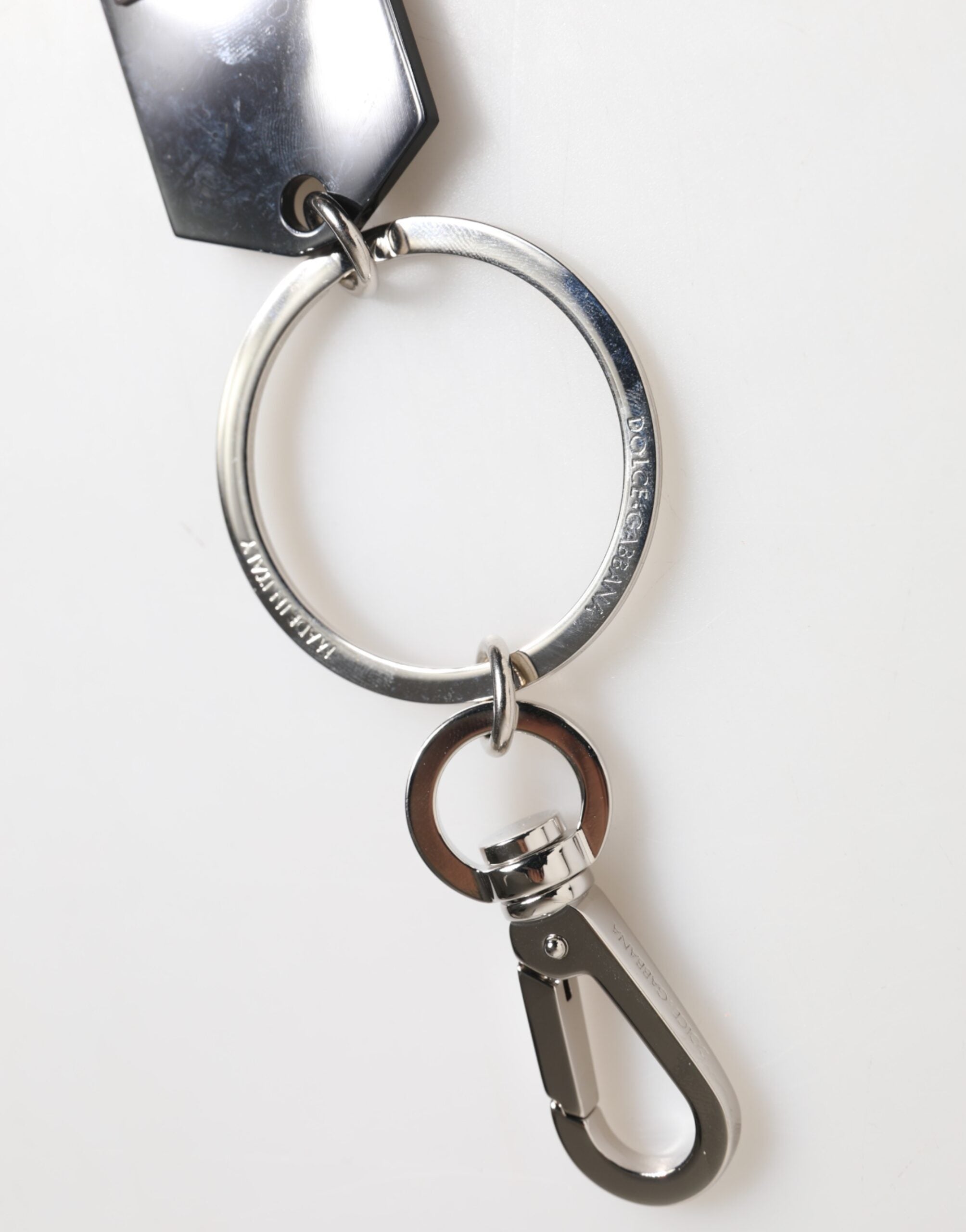Dolce & Gabbana Black Sint Glass Plaque DG Logo Metal Tag Keyring Keychain