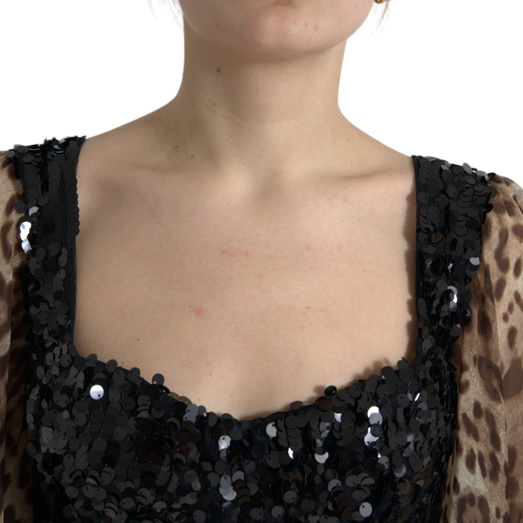 Dolce & Gabbana Leopard Print Sequin Silk Ruffle Maxi Dress